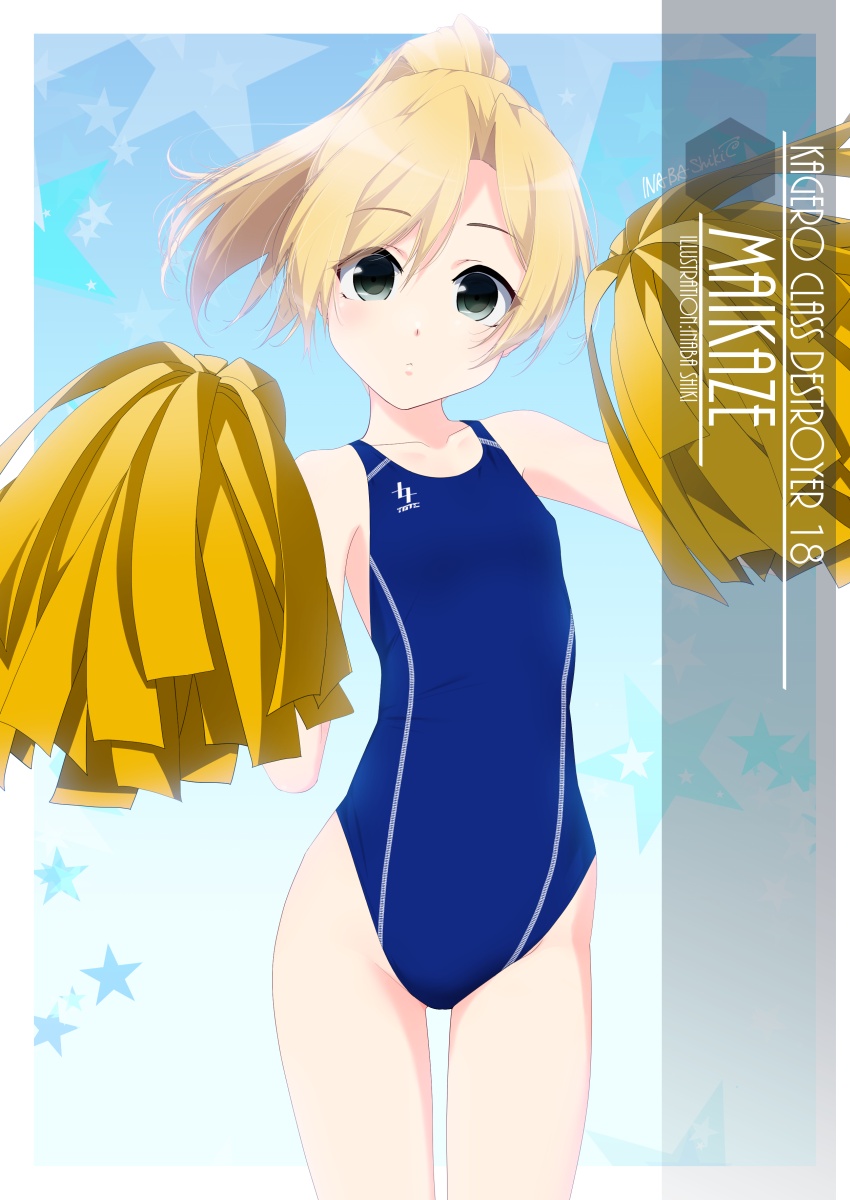 1girl artist_name bangs blonde_hair blue_swimsuit character_name cheering cheerleader commentary_request competition_swimsuit cowboy_shot flat_chest grey_eyes highres holding holding_pom_poms inaba_shiki kantai_collection long_hair looking_at_viewer maikaze_(kancolle) one-hour_drawing_challenge one-piece_swimsuit parted_bangs pom_pom_(cheerleading) ponytail solo swimsuit