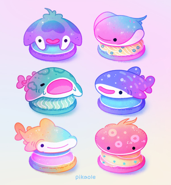 animal animal_focus artist_name black_eyes closed_eyes commentary english_commentary fins food gradient gradient_background hammerhead_shark heart macaron manta_ray no_humans open_mouth original pikaole pink_background shark simple_background smile solid_circle_eyes spots stingray tail_fin watermark