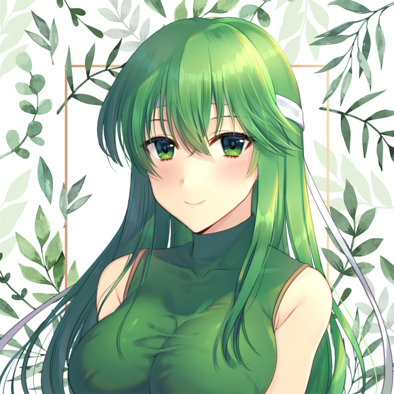 1girl awayuki_ramika bangs breasts breasts_apart closed_mouth fire_emblem fire_emblem:_mystery_of_the_emblem green_eyes green_hair green_shirt hair_between_eyes headband large_breasts long_hair looking_at_viewer palla_(fire_emblem) shiny shiny_hair shirt sleeveless sleeveless_shirt smile solo upper_body very_long_hair white_headband