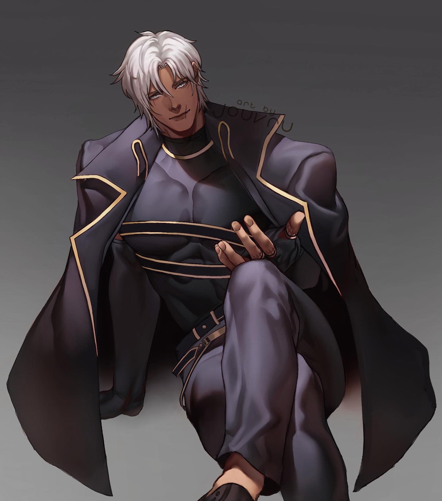 1boy abs artist_name belt coat commission crossed_legs elbow_gloves gloves highres jouvru looking_at_viewer male_focus muscular muscular_male original pants pectorals scar shirt solo t-shirt tight white_hair yellow_eyes