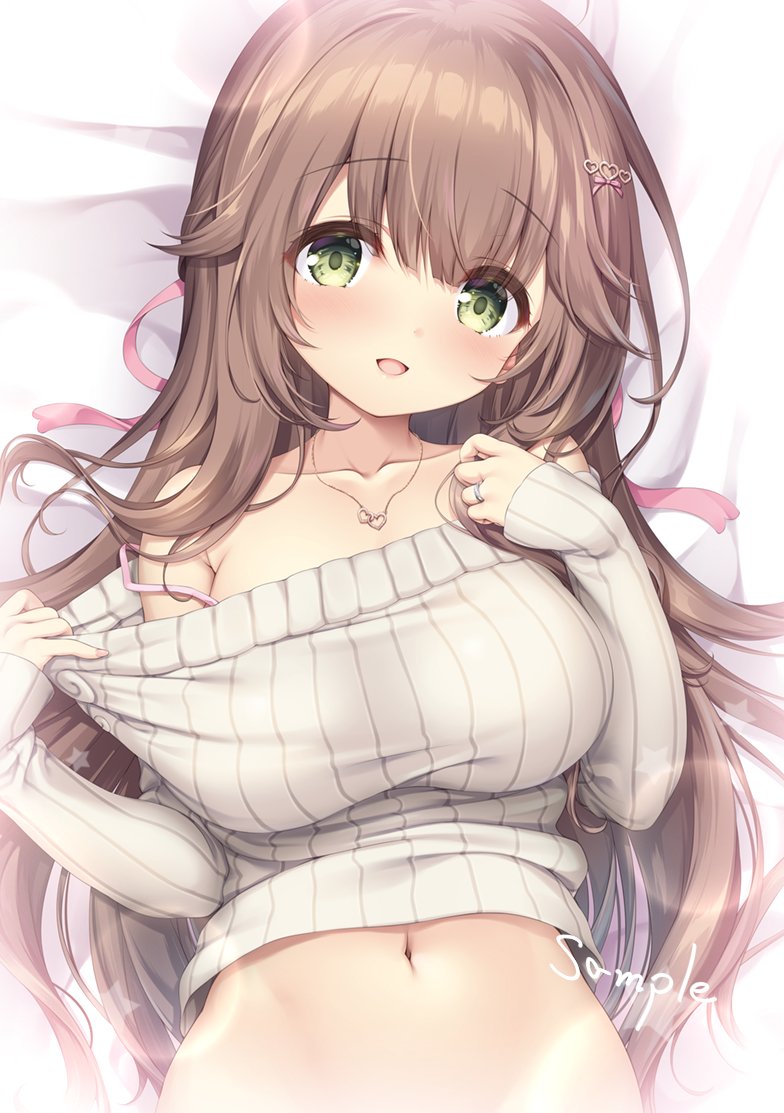 1girl bare_shoulders blush borrowed_character bottomless bra_strap breasts brown_hair clothes_lift clothes_pull green_eyes hair_ornament hairclip heart heart_hair_ornament jewelry large_breasts long_hair midriff mikagami_mamizu navel necklace off-shoulder_sweater off_shoulder open_mouth original ring sample_watermark smile solo sweater sweater_lift sweater_pull upper_body very_long_hair white_sweater