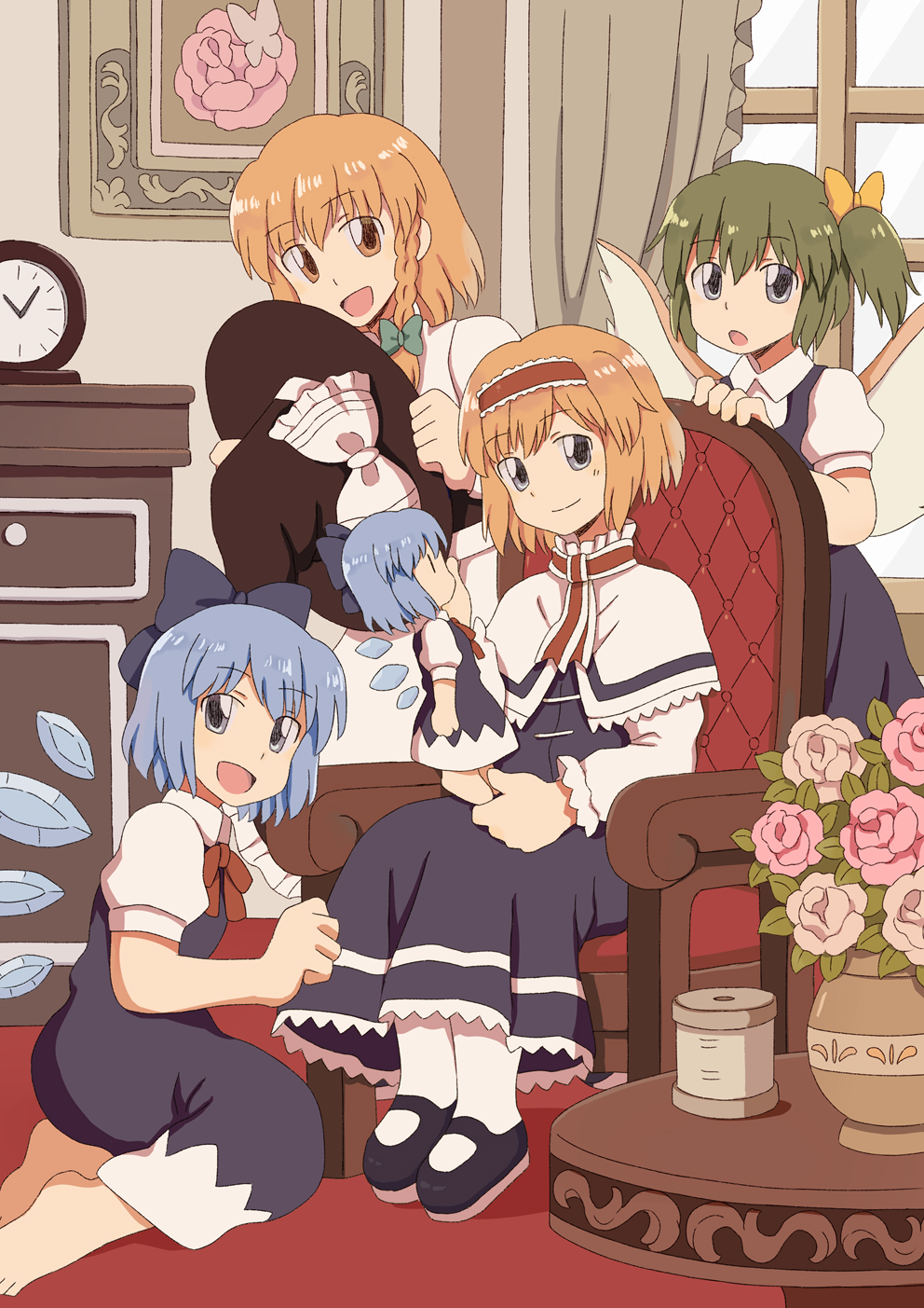 4girls :d :o alice_margatroid analog_clock armchair bangs barefoot black_footwear black_headwear blonde_hair blue_dress blue_eyes blue_hair blue_wings bob_cut bow bowtie braid cabinet capelet carpet chair character_doll cirno clenched_hand clock closed_mouth curtains daiyousei detached_wings doll drawer dress eyebrows_visible_through_hair eyes_visible_through_hair fairy fairy_wings flower frilled_bow frilled_hairband frilled_shirt_collar frills from_side full_body green_bow green_hair hair_between_eyes hairband hand_up hat hat_bow hat_removed headwear_removed high_collar highres holding holding_clothes holding_doll holding_hat kirisame_marisa legs_together lolita_hairband long_dress long_sleeves looking_at_viewer looking_to_the_side mary_janes multiple_girls muted_color neck_ribbon on_chair on_floor open_mouth picture_(object) picture_frame pinafore_dress pink_flower puffy_long_sleeves puffy_short_sleeves puffy_sleeves red_bow red_bowtie red_hairband red_ribbon renzaoshen retro_artstyle ribbon room seiza shoes short_hair short_ponytail short_sleeves side_braid side_ponytail single_braid sitting smile spool standing swept_bangs tareme touhou vase white_bow white_capelet white_legwear window wing_collar wings witch_hat yellow_bow yellow_eyes |_|