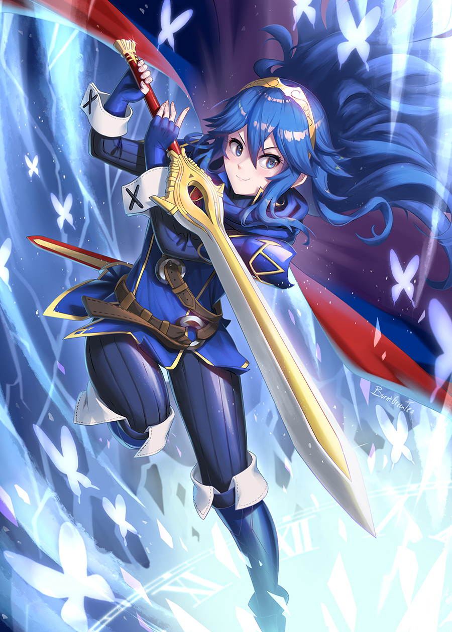 1girl armor blue_cape blue_eyes blue_footwear blue_gloves blue_hair blue_legwear blue_shirt boots bug burnt_green_tea butterfly cape falchion_(fire_emblem) fingerless_gloves fire_emblem fire_emblem_awakening gloves highres long_hair looking_to_the_side lucina_(fire_emblem) red_cape shirt shoulder_armor smile tiara two-tone_cape