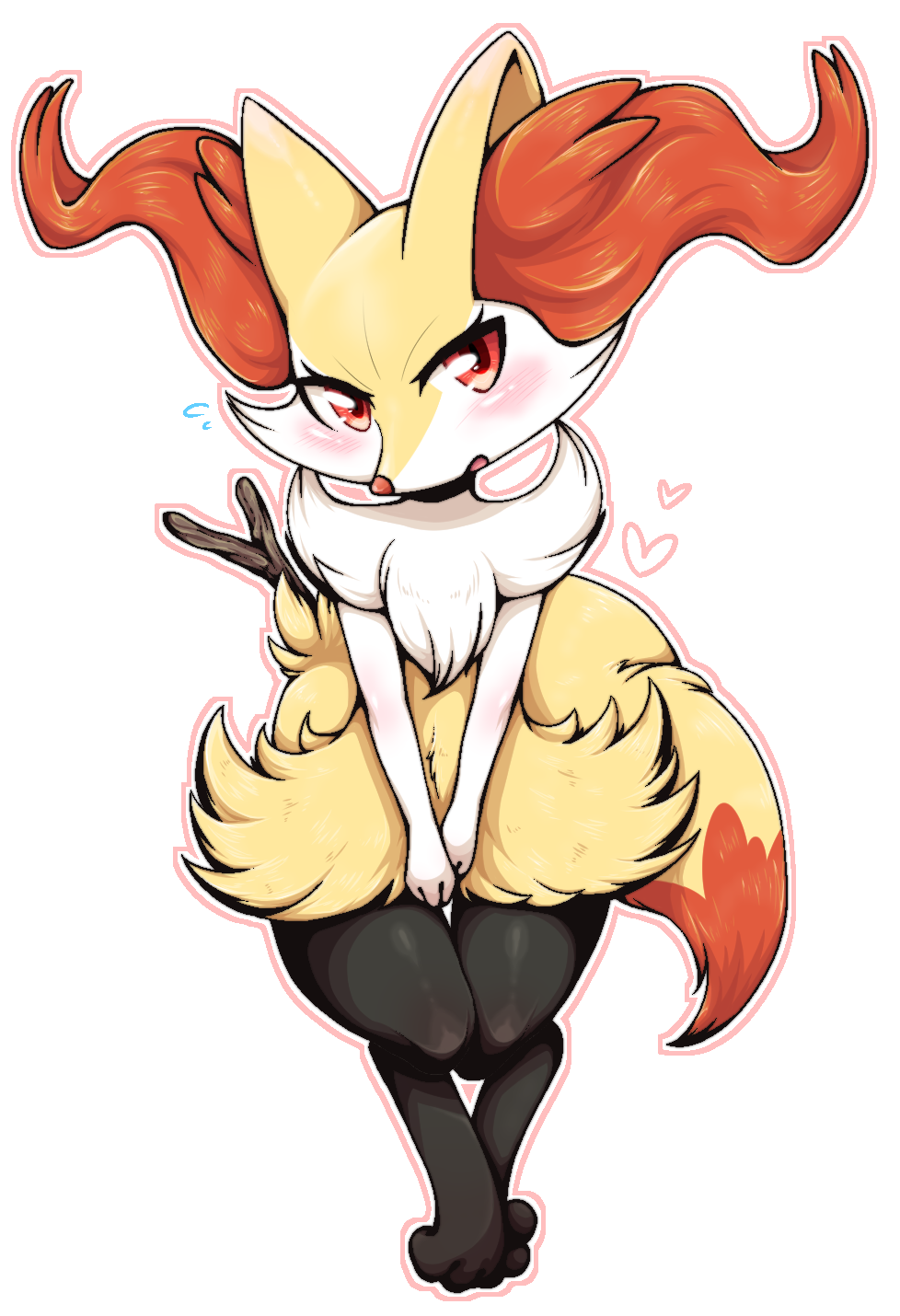 1girl animal_ear_fluff animal_ears animal_feet animal_nose between_legs blush body_fur braixen commentary_request flat_chest flying_sweatdrops fox_ears fox_girl fox_tail full_body fur_collar furry furry_female hand_between_legs heart highres legs_together looking_at_viewer navel negoya nervous open_mouth outline own_hands_together pink_outline pokemon pokemon_(creature) red_eyes red_fur simple_background sitting snout solo stick tail v_arms white_background white_fur yellow_fur