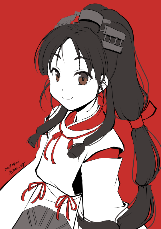 1girl black_hair brown_eyes dated hair_tie high_ponytail japanese_clothes kantai_collection kariginu long_hair miko multi-tied_hair nao_(nao_eg) nisshin_(kancolle) red_background red_ribbon ribbon short_eyebrows smile solo thick_eyebrows upper_body very_long_hair