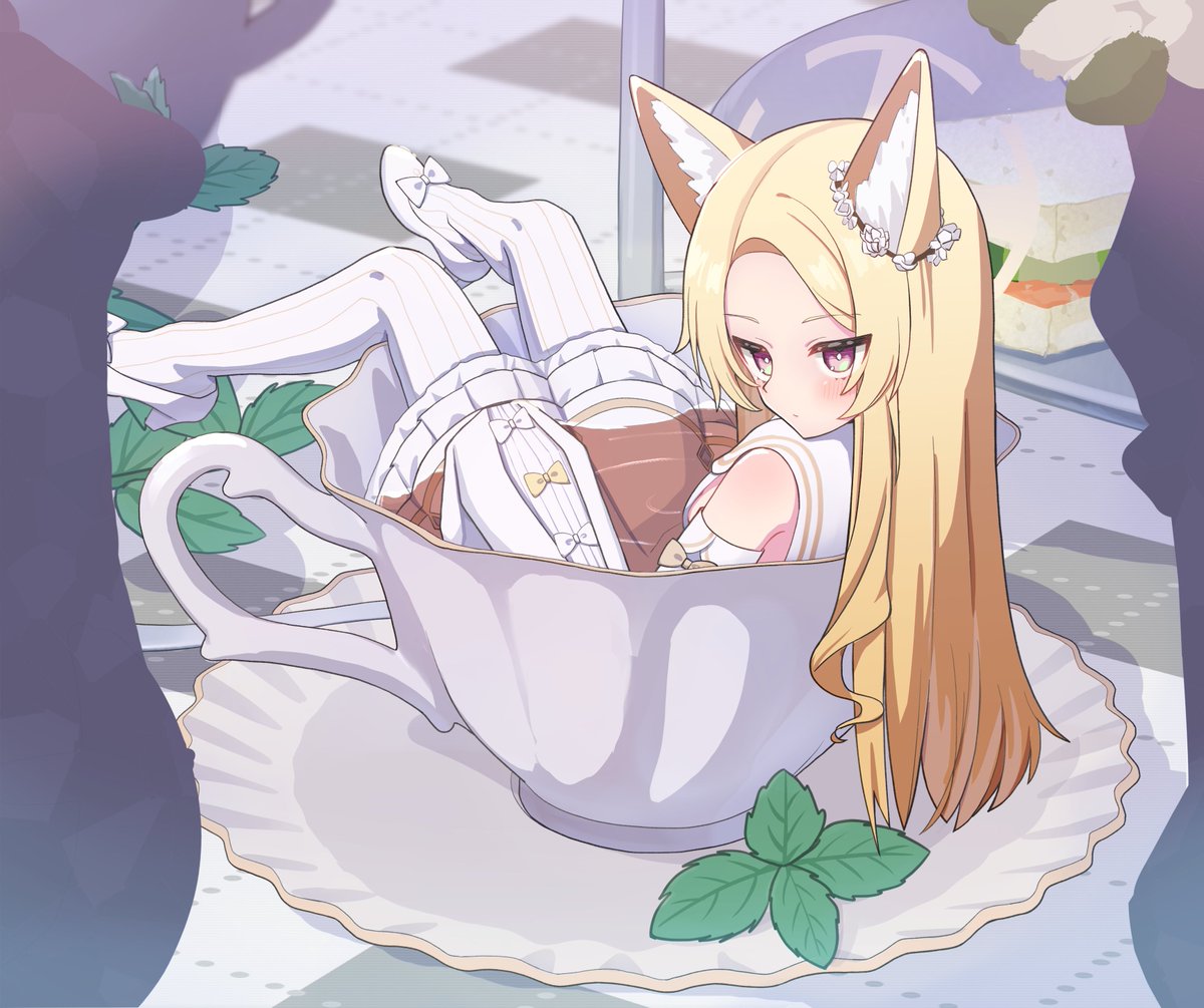 1girl animal_ears blonde_hair blue_archive breasts cup dress eyebrows_visible_through_hair food fox_ears hair_ornament kakido_(hatisaka28) long_hair pantyhose red_eyes sandwich seia_(blue_archive) shoes small_breasts striped striped_legwear table tea teacup vertical-striped_legwear vertical_stripes wet wet_clothes white_legwear