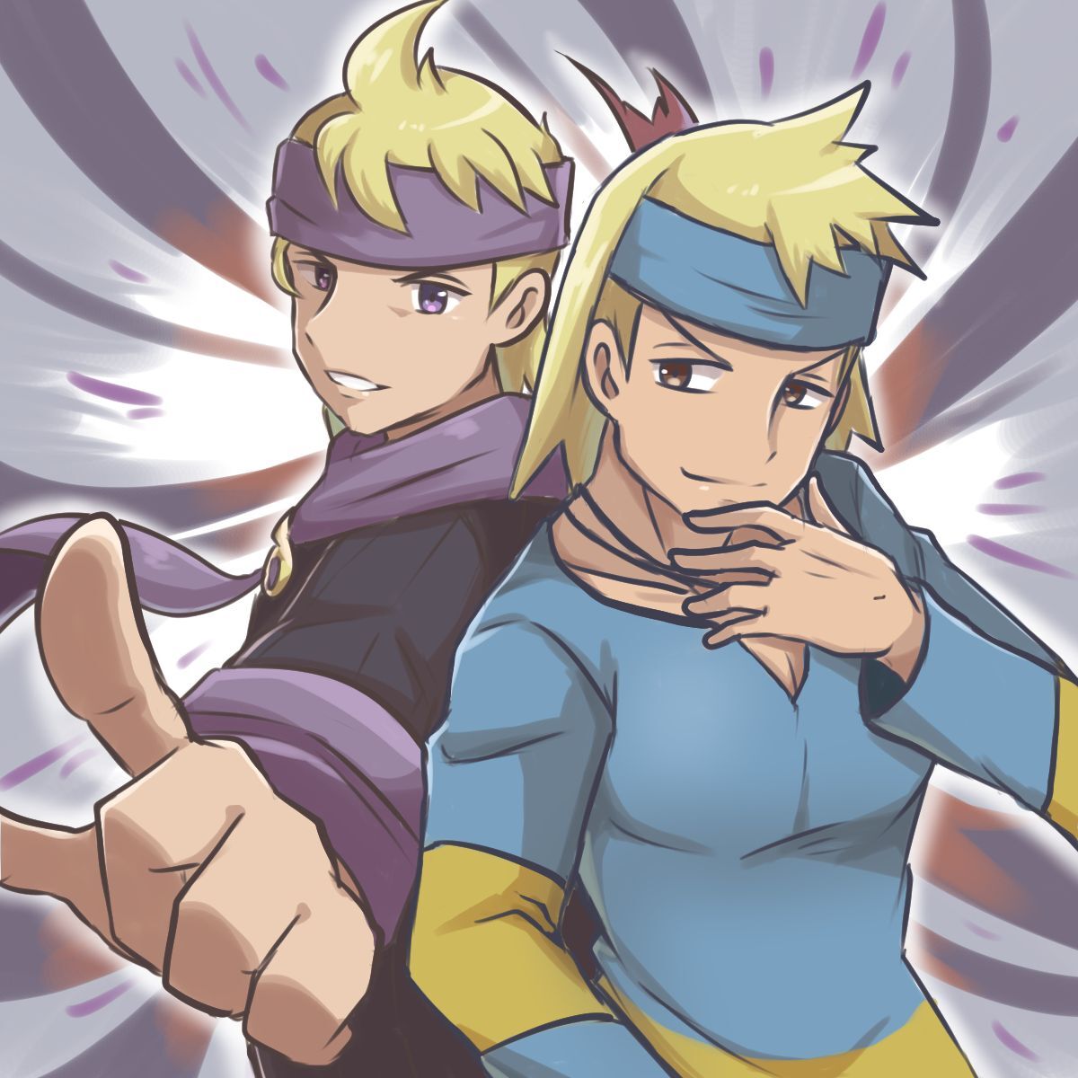 2boys black_sweater blonde_hair blue_headband blue_shirt brown_eyes closed_mouth commentary_request dual_persona hand_up headband highres jewelry long_sleeves male_focus medium_hair morty_(pokemon) multiple_boys necklace pokemon pokemon_(game) pokemon_gsc pokemon_hgss purple_headband purple_scarf saon101 scarf shirt smile sweater violet_eyes