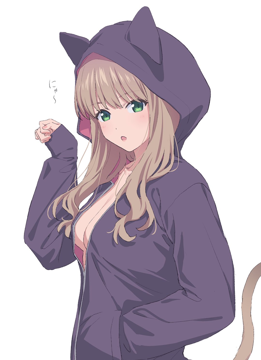 1girl :o animal_hood bangs breasts brown_hair cat_hood cat_tail dot_nose green_eyes gridman_universe highres hood hooded_jacket jacket long_hair long_sleeves looking_at_viewer medium_breasts mikazuchi_zeus minami_yume no_shirt paw_pose simple_background solo ssss.dynazenon tail white_background