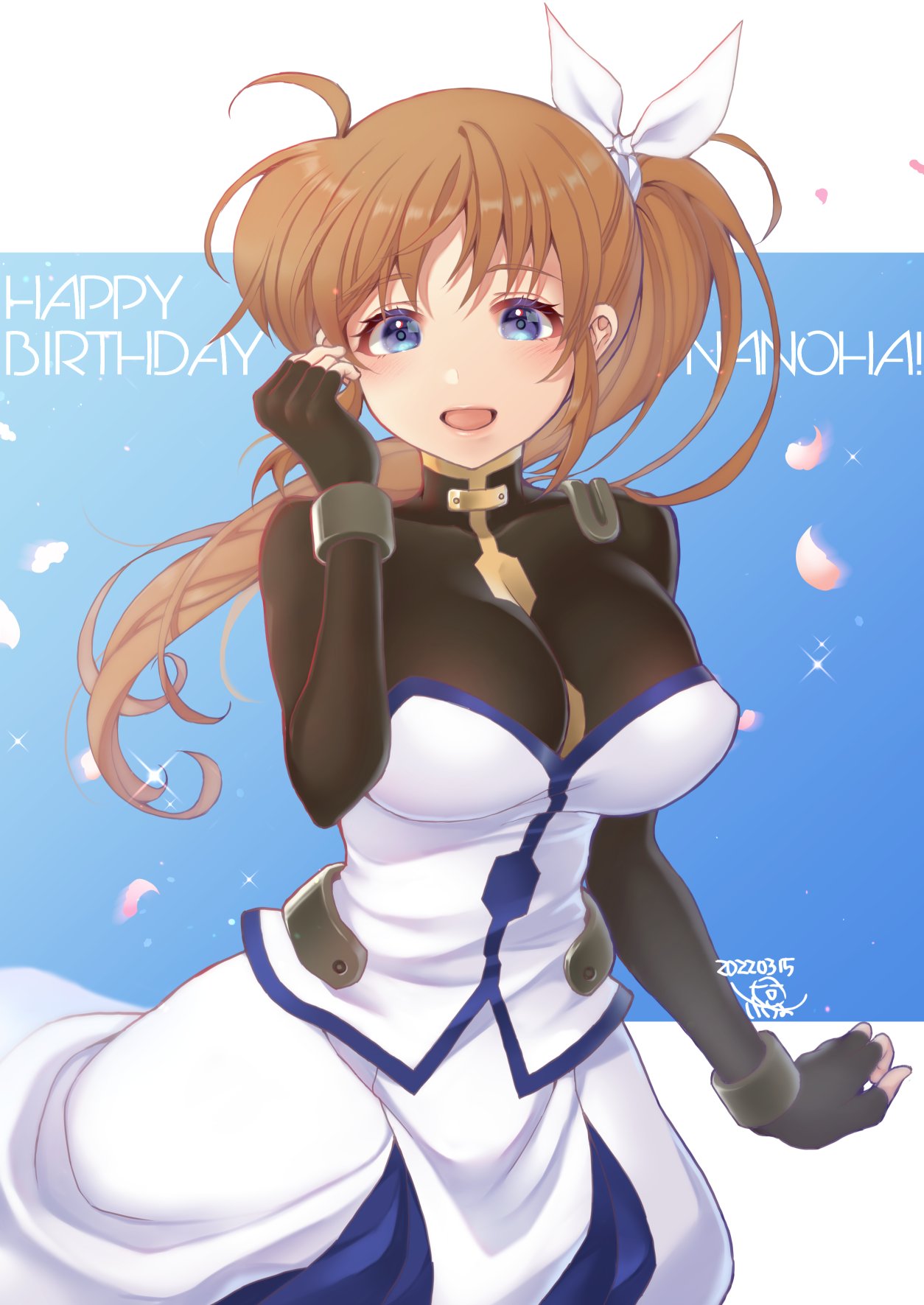 1girl black_gloves blue_eyes brown_hair commentary_request cowboy_shot dress fingerless_gloves gloves happy_birthday highres long_hair looking_at_viewer lyrical_nanoha mahou_shoujo_lyrical_nanoha_strikers older pucho side_ponytail solo takamachi_nanoha white_dress