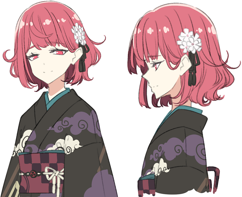 1girl bangs black_kimono closed_mouth flower hair_flower hair_ornament horikawa_raiko japanese_clothes kimono long_sleeves looking_at_viewer multiple_views red_eyes redhead sakuraba_yuuki short_hair simple_background smile touhou white_background white_flower