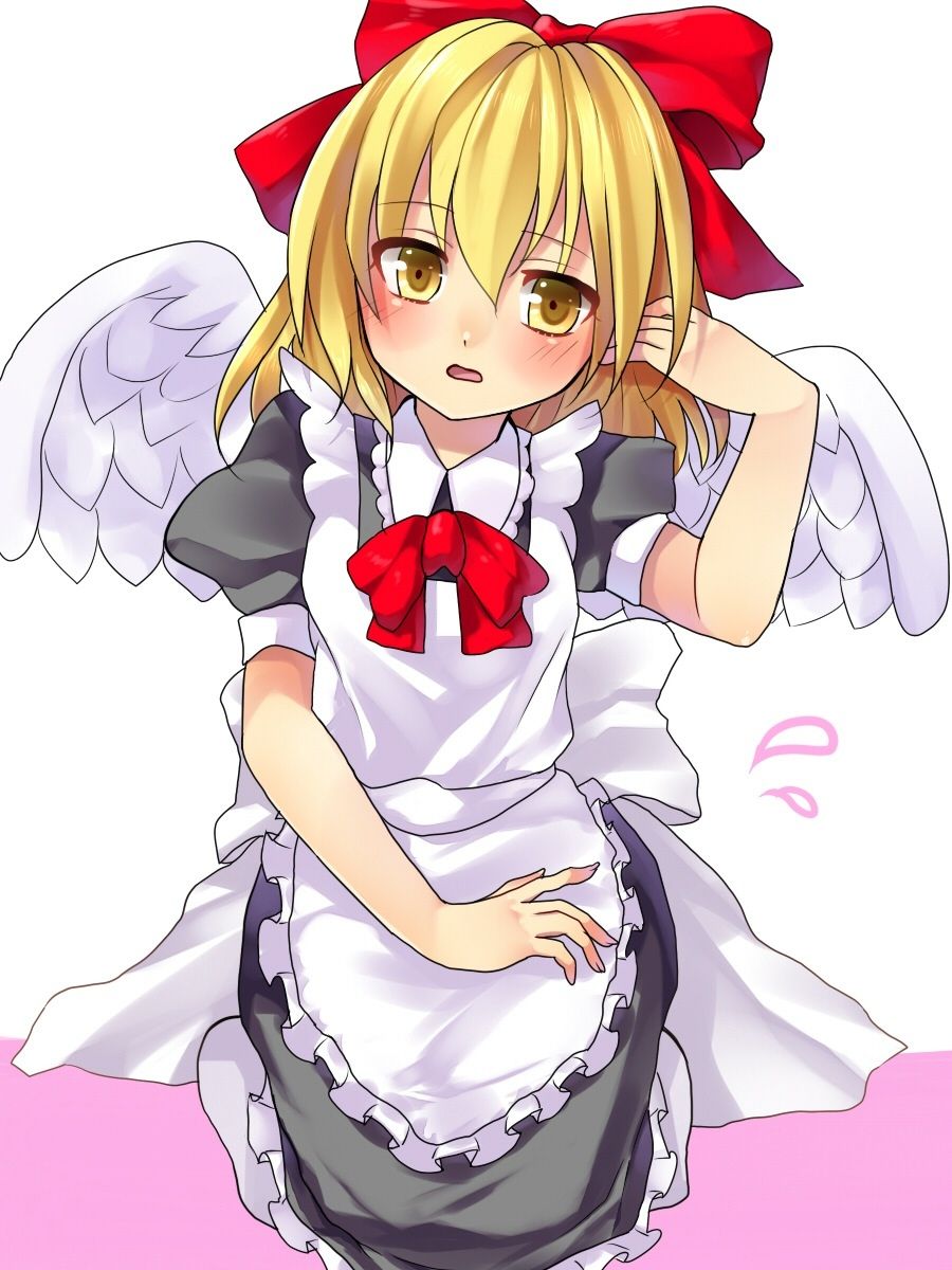 1girl alternate_costume angel_wings apron bad_id bad_pixiv_id bangs black_dress blonde_hair blush bow breasts collared_dress dress embarrassed eyebrows_visible_through_hair feathered_wings frilled_apron frilled_dress frills gengetsu_(touhou) hair_bow hand_in_hair head_tilt highres looking_at_viewer medium_hair meronpanna_(mikoniito) no_shoes open_mouth puffy_short_sleeves puffy_sleeves red_bow seiza short_sleeves sitting small_breasts socks touhou touhou_(pc-98) white_apron white_legwear white_wings wings yellow_eyes