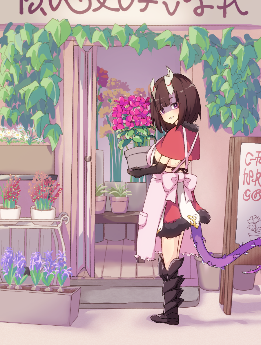 1girl apron armored_boots black_bra black_footwear black_gloves boots bra broken_horn brown_hair capelet commentary_request demon_girl demon_horns elbow_gloves eriko_(princess_connect!) flower flower_shop fur-trimmed_capelet fur-trimmed_skirt fur_trim gloves holding holding_pot horns looking_at_viewer looking_back narusakabronze plant pot potted_plant princess_connect! red_capelet red_skirt shaded_face shop short_hair sign skirt smile solo spiked_tail tail underwear violet_eyes