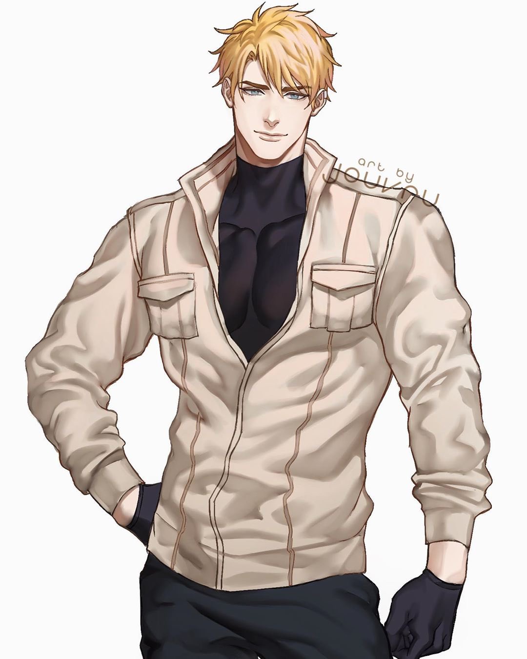 1boy artist_name blonde_hair blue_eyes commission gloves highres jacket jouvru looking_at_viewer male_focus muscular muscular_male original pants pectoral_cleavage pectorals shirt solo t-shirt