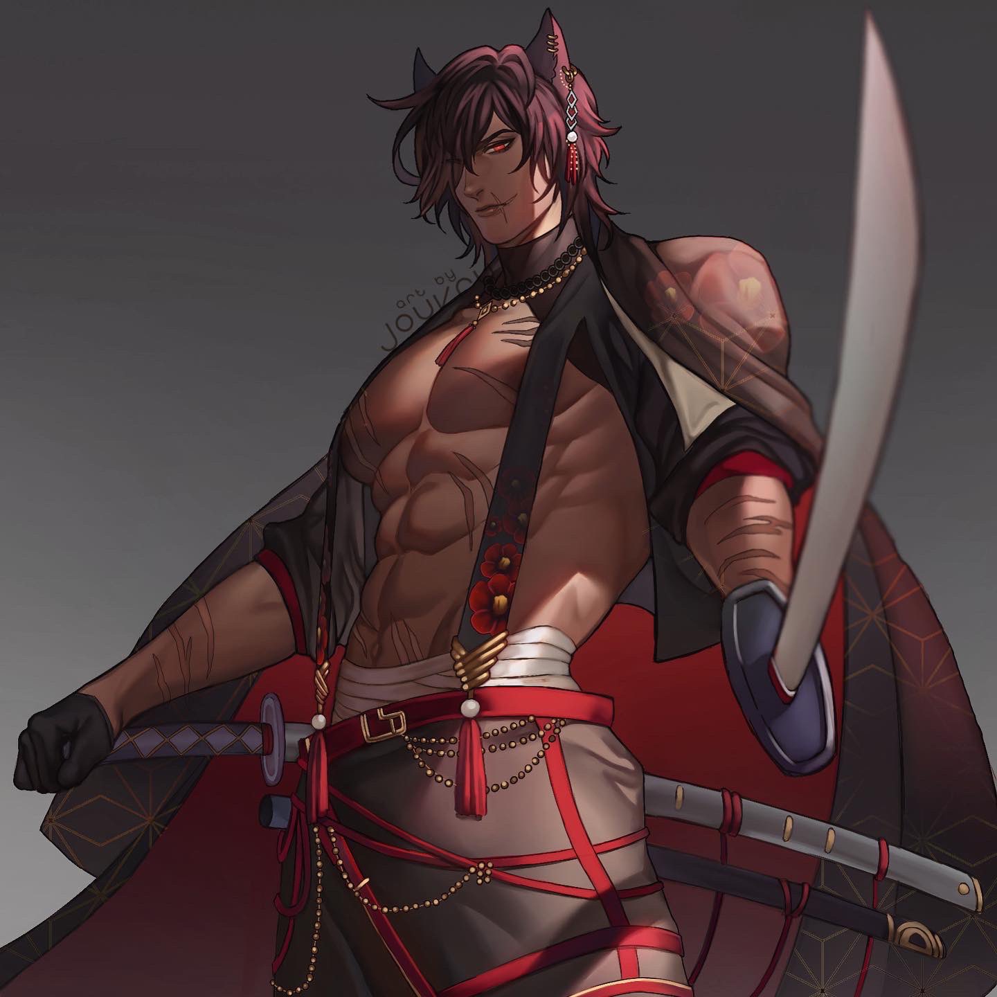 1boy abs animal_ears bandages cape cat_boy commission ear_piercing earrings gloves highres jewelry jouvru katana looking_at_viewer male_focus muscular muscular_male necklace nipples original pants pectorals piercing red_eyes redhead scabbard scar scar_on_arm scar_on_face scar_on_stomach sheath solo sword topless topless_male weapon