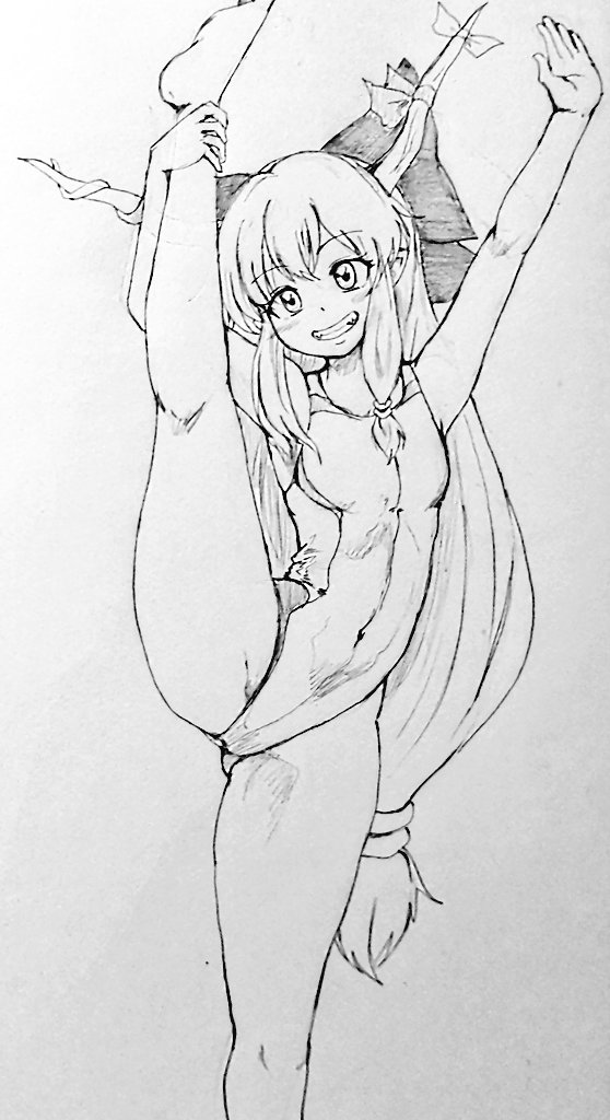 1girl bangs bow breasts commentary_request competition_school_swimsuit competition_swimsuit covered_navel d-m_(dii_emu) greyscale grin hair_bow hand_on_own_leg holding_leg horn_ornament horns ibuki_suika long_hair meme monochrome one-piece_swimsuit sidelocks small_breasts smile standing standing_on_one_leg swimsuit touhou traditional_media very_long_hair