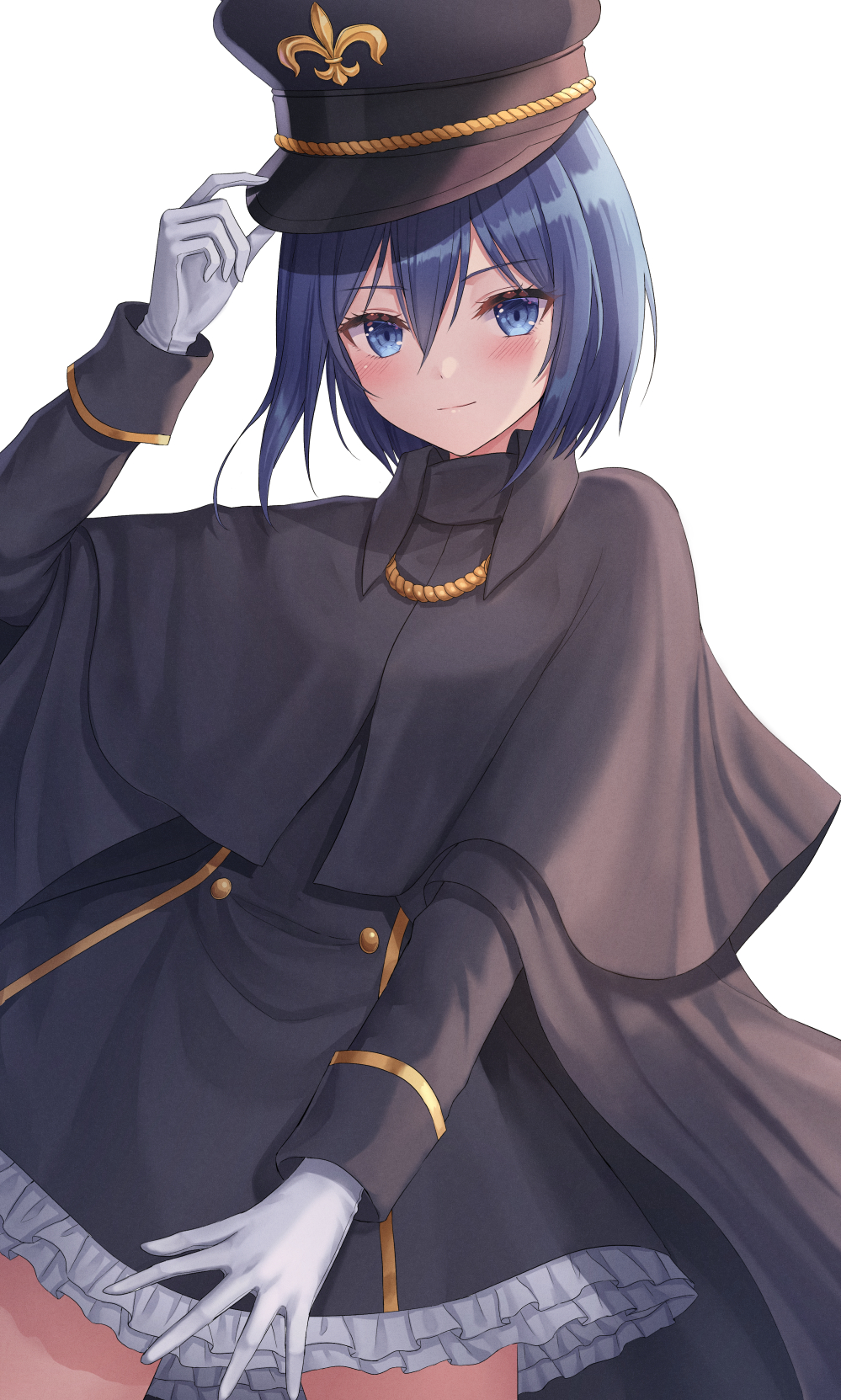 1girl arm_up bangs black_capelet black_dress black_headwear black_jacket blue_eyes blue_hair blush capelet closed_mouth cosplay dress eyebrows_visible_through_hair frilled_dress frills gloves hair_between_eyes hand_on_headwear hat highres inui_sajuna jacket long_sleeves peaked_cap seungju_lee simple_background smile solo sono_bisque_doll_wa_koi_wo_suru white_background white_gloves