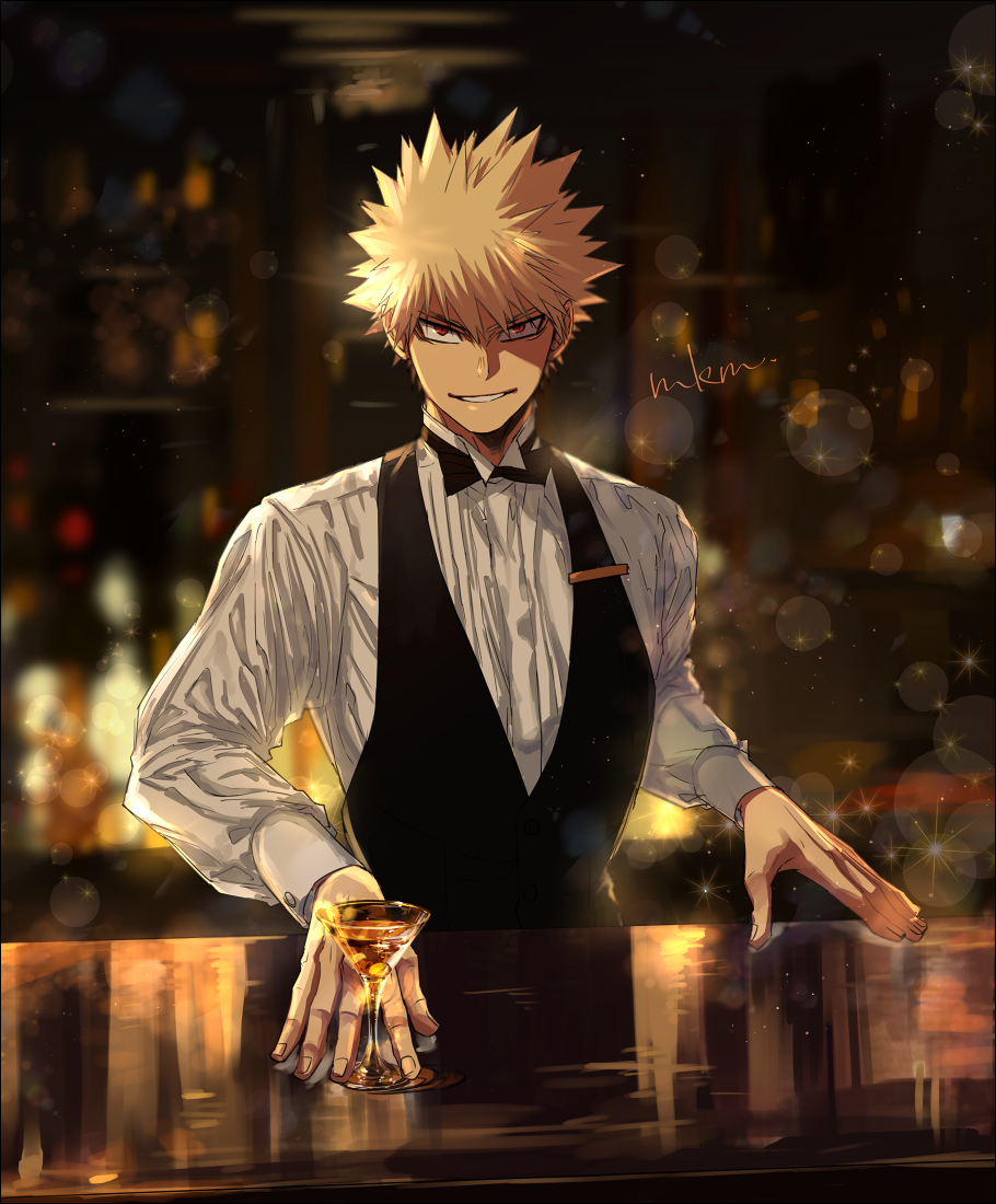 1boy bakugou_katsuki bar bartender black_necktie blonde_hair blurry boku_no_hero_academia bottle bow bowtie cocktail_glass cup depth_of_field drinking_glass holding holding_cup lens_flare light_brown_hair looking_at_viewer male_focus mkm_(mkm_storage) necktie red_eyes signature solo sparkle spiky_hair teeth