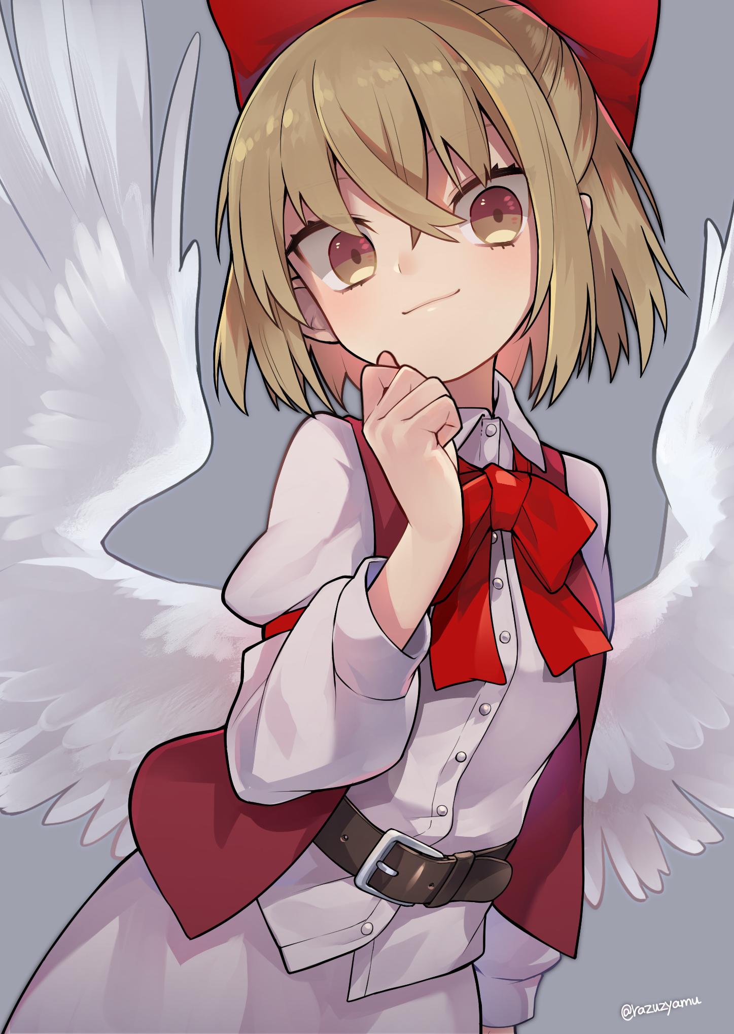 1girl angel_wings belt blonde_hair bow bowtie breasts brown_belt brown_vest buttons closed_mouth collared_shirt commentary_request contrapposto dutch_angle feathered_wings gengetsu_(touhou) grey_background hair_bow hand_on_own_chin highres looking_at_viewer open_clothes open_vest razuzyamu red_bow red_bowtie shirt short_hair skirt small_breasts touhou touhou_(pc-98) vest white_shirt white_skirt white_wings wings yellow_eyes