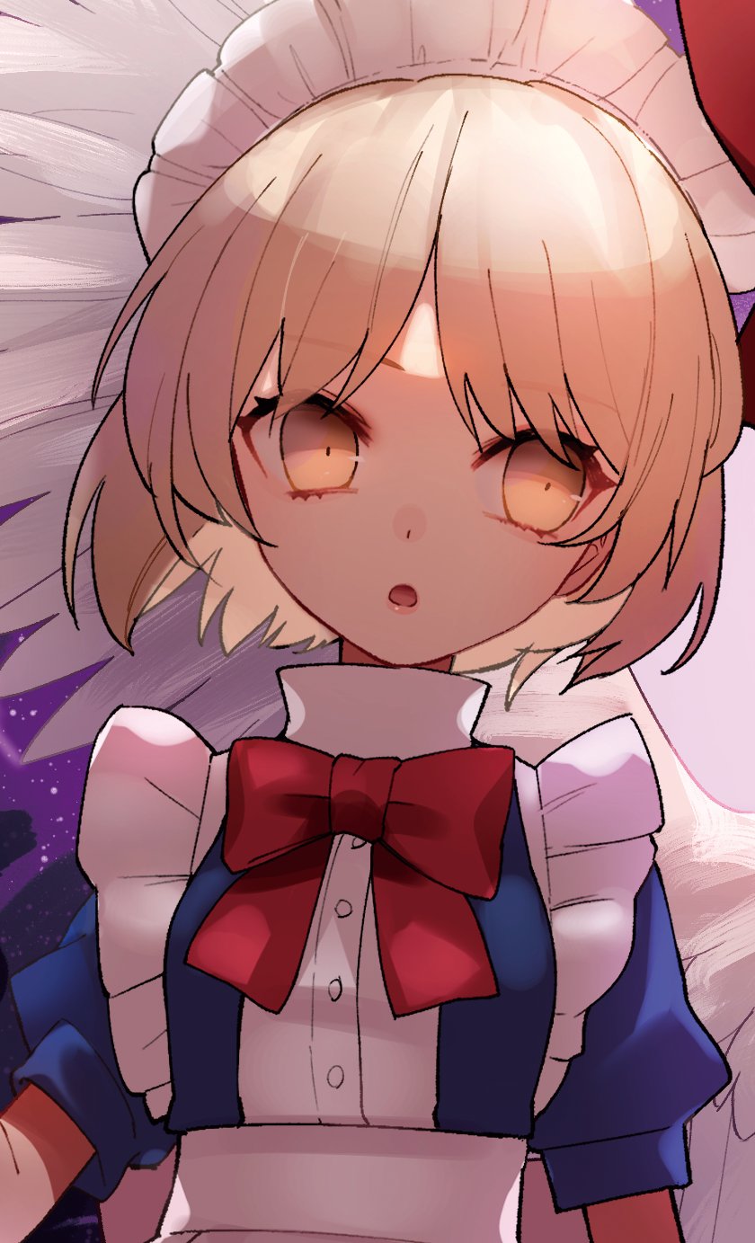 2girls angel_wings bangs blonde_hair blue_dress bow bowtie breasts buttons commentary_request dress feathered_wings frilled_dress frills gengetsu_(touhou) hair_bow highres maid maid_headdress medium_breasts mugetsu_(touhou) multiple_girls open_mouth puffy_short_sleeves puffy_sleeves razuzyamu red_bow red_bowtie short_hair short_sleeves touhou touhou_(pc-98) upper_body white_wings wings yellow_eyes