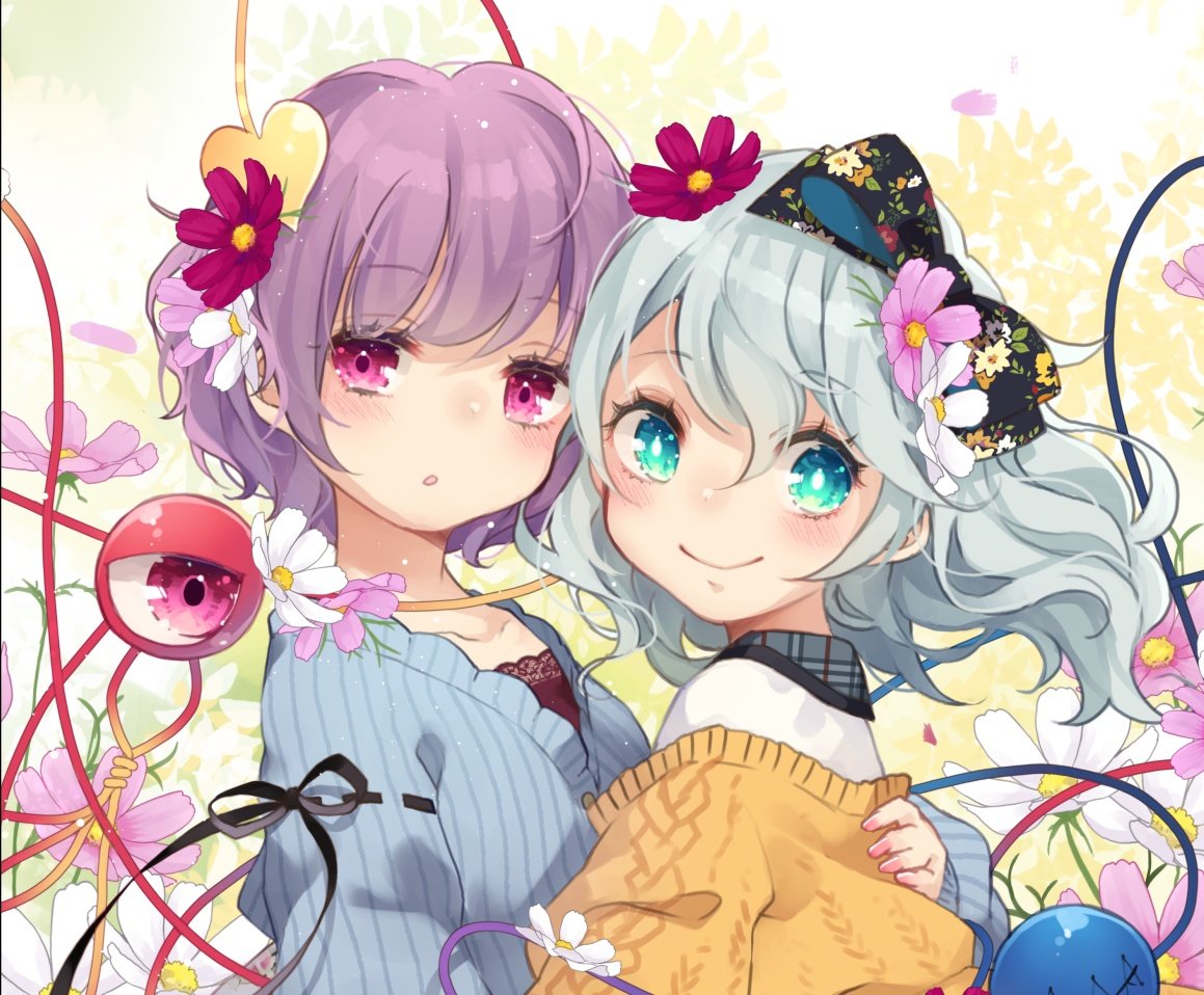 2girls :o alternate_costume bangs black_bow black_ribbon black_shirt blue_jacket blush bow bright_pupils closed_mouth collarbone commentary dot_nose eyebrows_visible_through_hair fingernails floating_hair floral_print flower from_side green_eyes hair_between_eyes hair_bow hair_flower hair_ornament hand_on_another's_back heads_together hug jacket komeiji_koishi komeiji_satori light_green_hair looking_at_viewer looking_to_the_side medium_hair multiple_girls no_hat no_headwear nose_blush open_mouth pink_eyes pink_flower pink_nails purple_hair red_flower ribbon shirt short_hair siblings sisters smile stitches swept_bangs third_eye touhou toutenkou upper_body white_flower white_pupils white_shirt yellow_jacket