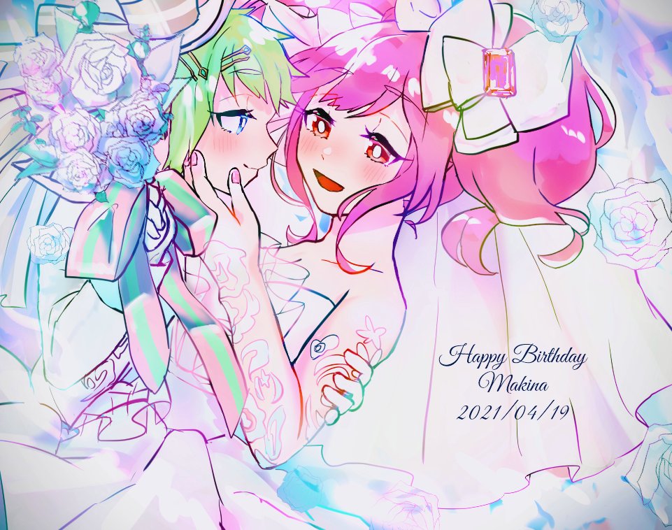 2girls blue_eyes blush bouquet bow bright_pupils brown_eyes dated dress gloves green_hair hair_bow hand_on_another's_face happy_birthday holding holding_bouquet looking_at_another m_rgfn macross macross_delta makina_nakajima medium_hair multiple_girls pink_nails reina_prowler short_hair smile twintails wedding_dress white_bow white_gloves white_pupils wife_and_wife yuri