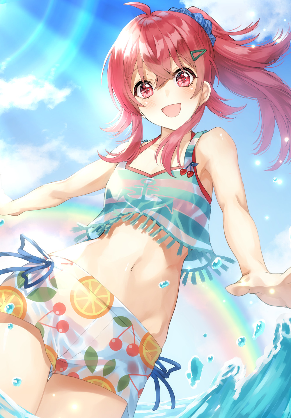ahoge anchor_print bangs blue_sky blush breasts clouds collarbone commentary_request hair_between_eyes hair_ornament hairclip highres idolmaster idolmaster_shiny_colors komiya_kaho long_hair matsusatoru_kouji medium_breasts midriff navel ocean open_arms outdoors ponytail print_shorts rainbow red_eyes red_swimsuit redhead ribbed_shorts scrunchie see-through shirt shorts sidelocks sky smile solo striped striped_shirt swimsuit swimsuit_under_clothes tank_top thighs water water_drop wet wet_clothes white_shorts