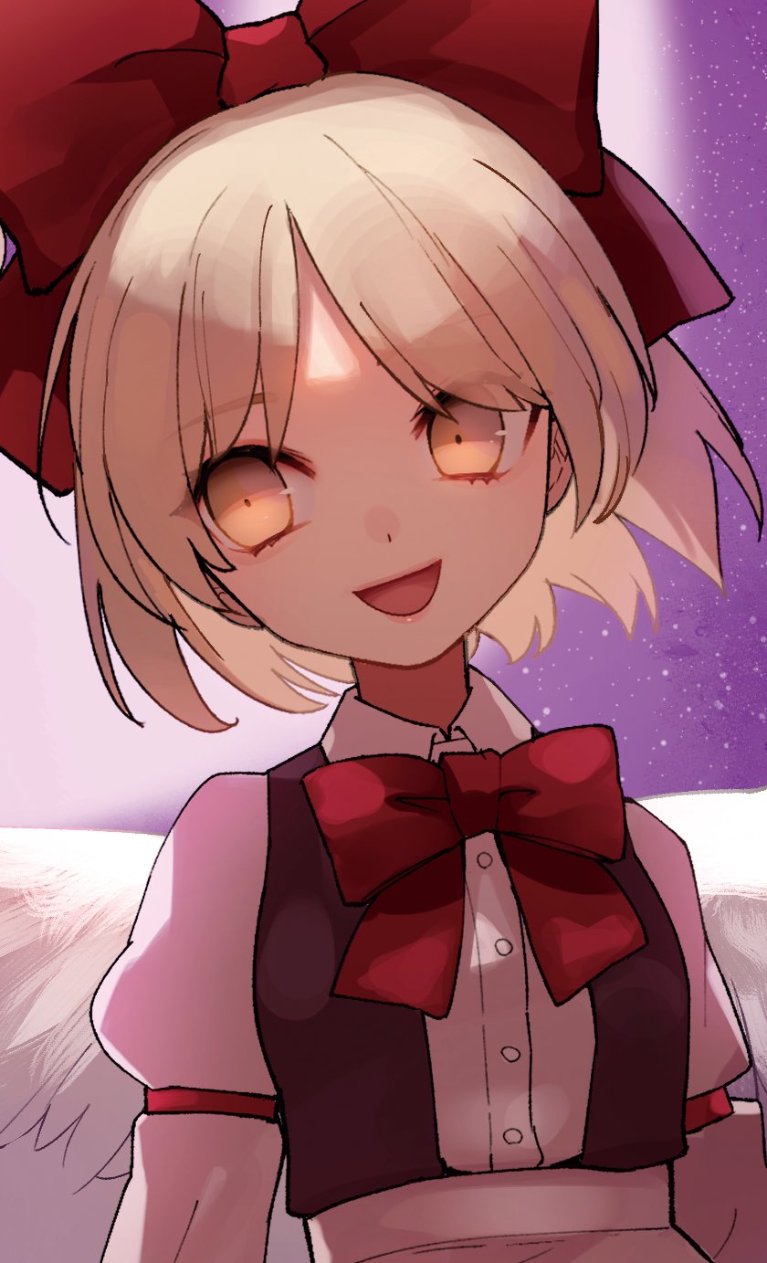 1girl angel_wings blonde_hair bow bowtie brown_vest buttons commentary_request feathered_wings gengetsu_(touhou) hair_bow highres juliet_sleeves long_sleeves open_mouth pink_shirt puffy_sleeves razuzyamu red_bow red_bowtie shirt skirt sleeve_garter touhou touhou_(pc-98) vest white_wings wings yellow_eyes