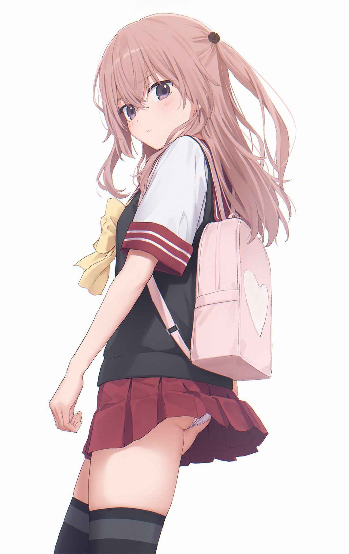 1girl backpack bag bangs bow bowtie from_side frown hair_between_eyes heart highres inui_sajuna long_hair mikazuchi_zeus panties pantyshot pink_hair pleated_skirt red_skirt simple_background skirt solo sono_bisque_doll_wa_koi_wo_suru striped striped_legwear thigh-highs two_side_up underwear violet_eyes white_background white_panties yellow_bow yellow_bowtie