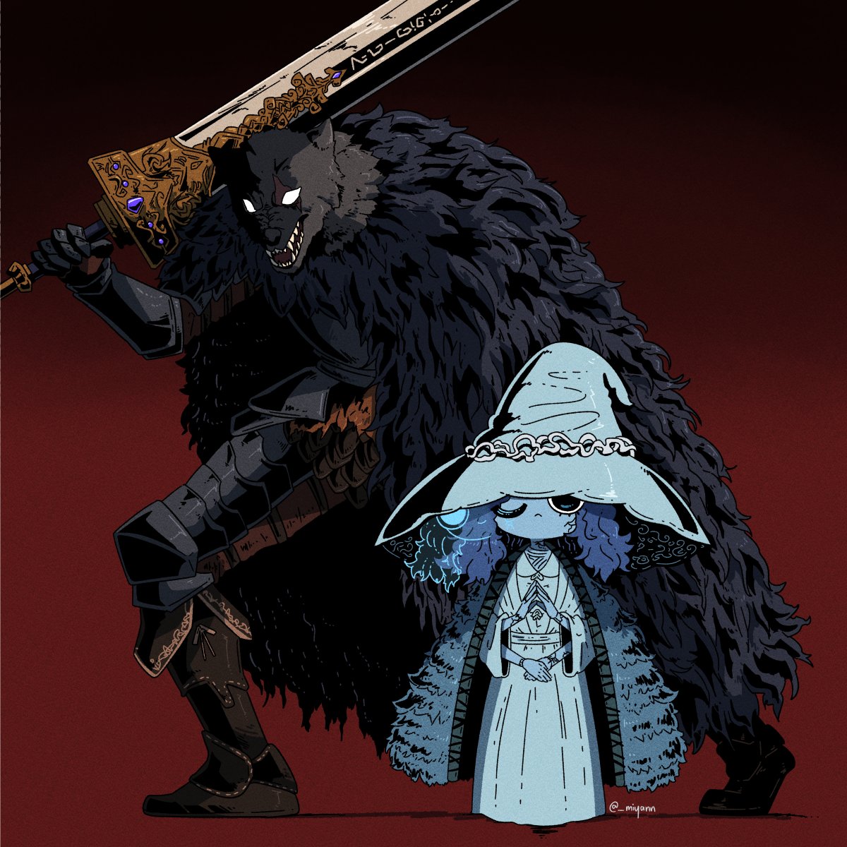 1boy 1girl :&lt; animal_head blaidd_the_half-wolf blank_eyes blue_dress blue_hair blue_headwear blue_skin brown_footwear closed_eyes closed_mouth colored_skin cracked_skin dress elden_ring extra_arms extra_faces fur_cloak furry furry_male gauntlets hat height_difference highres holding holding_sword holding_weapon looking_at_viewer miyan_(oceanmaiden) open_mouth ranni_the_witch red_background scar scar_across_eye smile standing sword twitter_username u_u weapon witch_hat