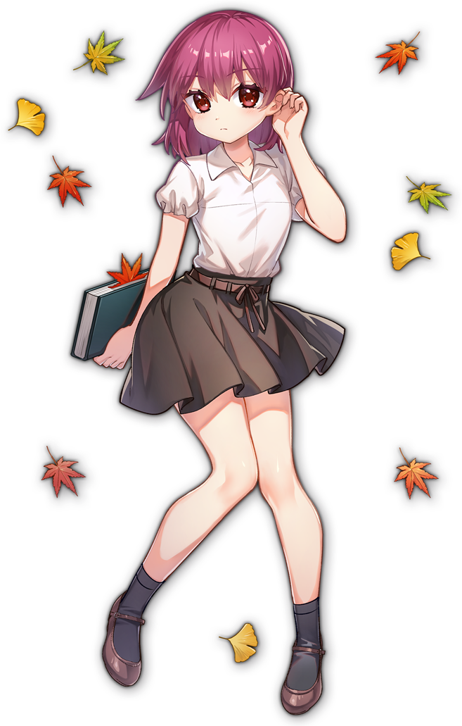 1girl artist_request black_skirt book brown_eyes brown_footwear ginkgo_leaf hand_on_ear holding holding_book leaf mahjong_soul maple_leaf miyanaga_teru official_art pink_hair raised_eyebrows saki simple_background skirt socks solo standing transparent_background yostar