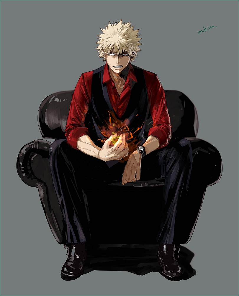 1boy bakugou_katsuki black_footwear black_legwear black_vest blonde_hair boku_no_hero_academia chair collared_shirt fire grey_background male_focus mkm_(mkm_storage) red_eyes red_shirt scowl shirt signature simple_background sitting solo spiky_hair vest watch watch