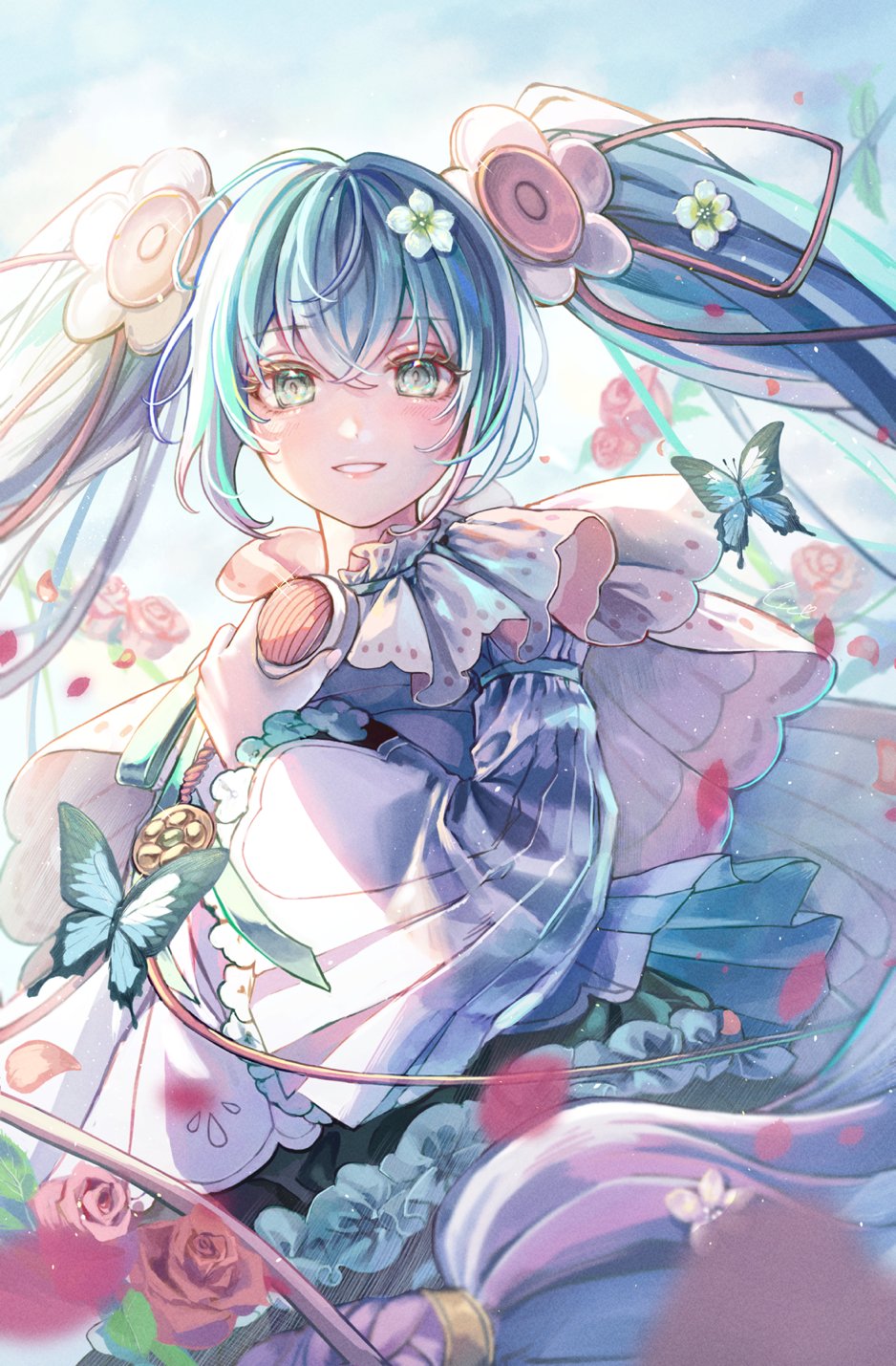 1girl aqua_eyes aqua_hair bangs blurry bug butterfly commentary depth_of_field dress flower frilled_dress frills hair_flower hair_ornament hand_up hatsune_miku highres liz_0v0_62 long_hair looking_at_viewer outdoors petals rose sky smile solo twintails upper_body vocaloid