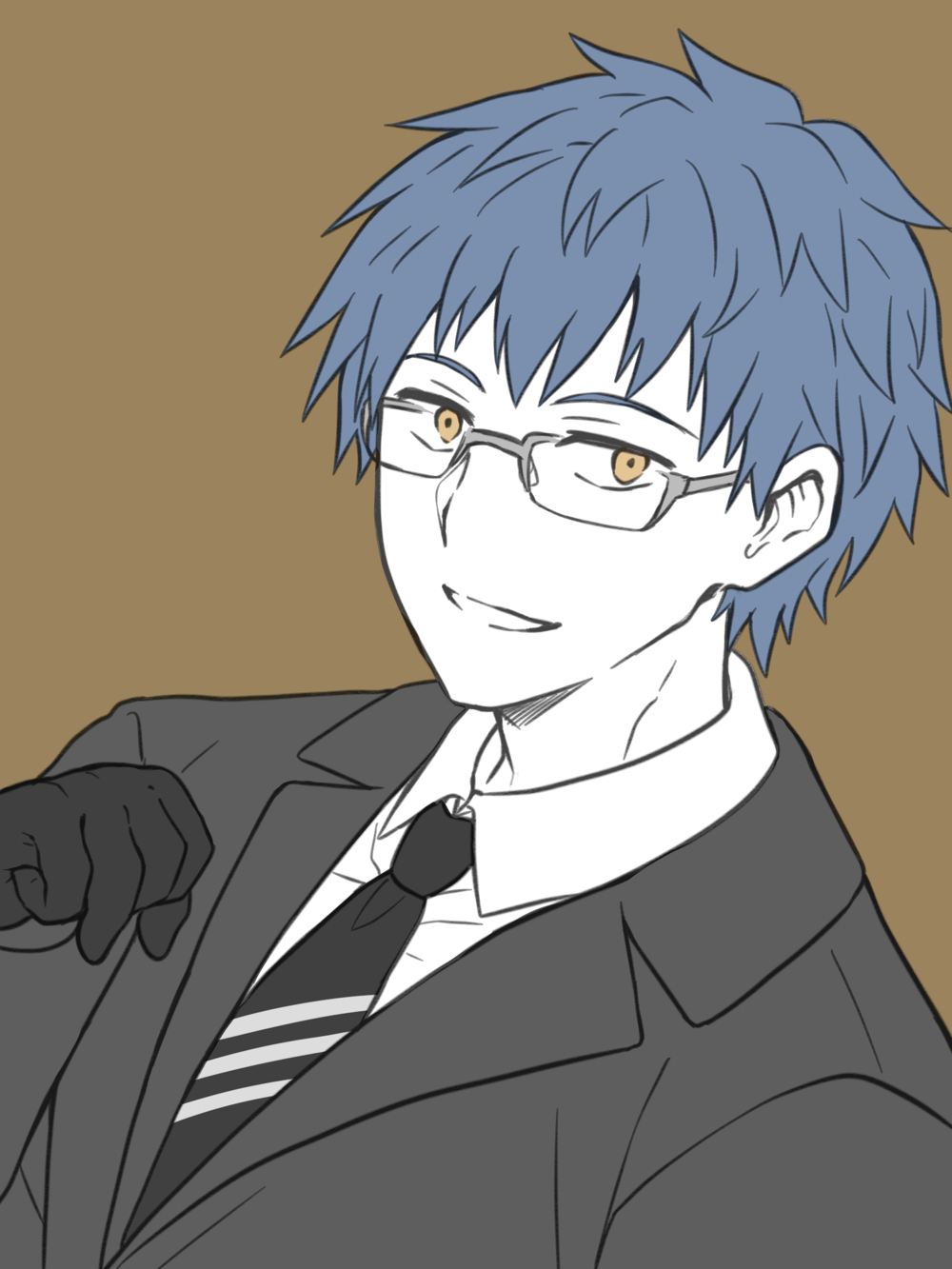 1boy bangs bespectacled blue_hair brown_background brown_eyes collared_shirt diagonal-striped_neckwear diagonal_stripes fate/grand_order fate_(series) formal glasses gloves hand_up highres jacket looking_at_viewer male_focus necktie partially_colored saitou_hajime_(fate) shirt simple_background smile solo striped suit tachitsu_teto upper_body