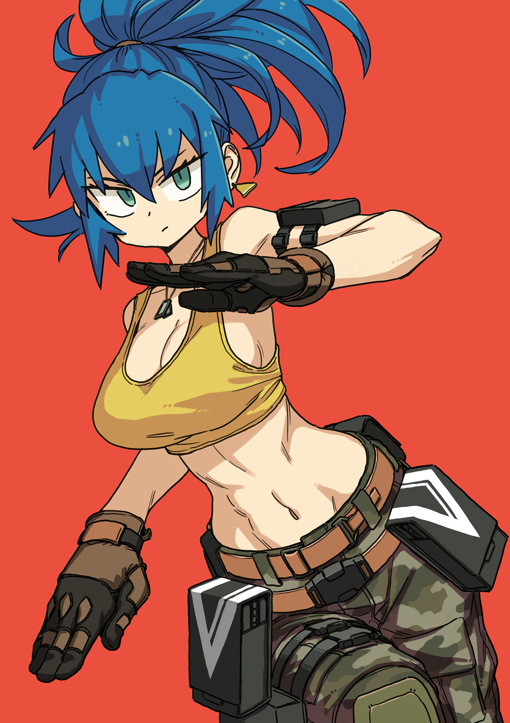 1girl armlet belt blue_hair breasts camouflage camouflage_pants clenched_hand closed_mouth dog_tags earrings green_eyes highres jewelry large_breasts leona_heidern midriff mizuno_(okn66) navel no_bra pants ponytail pouch simple_background solo tank_top the_king_of_fighters the_king_of_fighters_xiv the_king_of_fighters_xv triangle_earrings