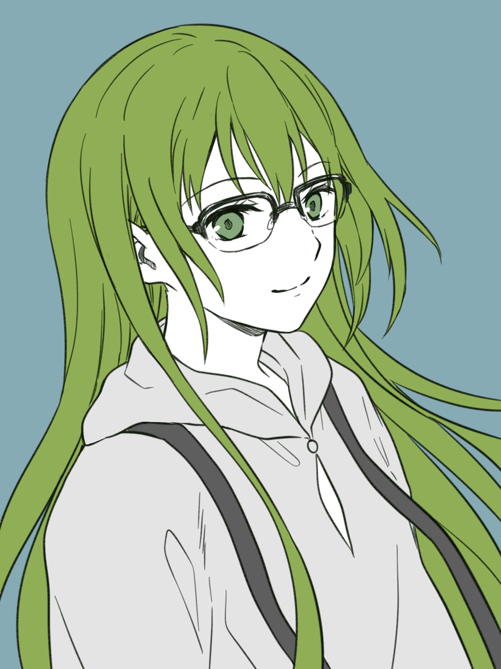 1other bangs bespectacled blue_background closed_mouth enkidu_(fate) eyebrows_visible_through_hair fate/strange_fake fate_(series) glasses green_eyes green_hair hair_between_eyes highres hood hood_down hooded_robe long_hair looking_at_viewer partially_colored robe simple_background smile solo tachitsu_teto upper_body