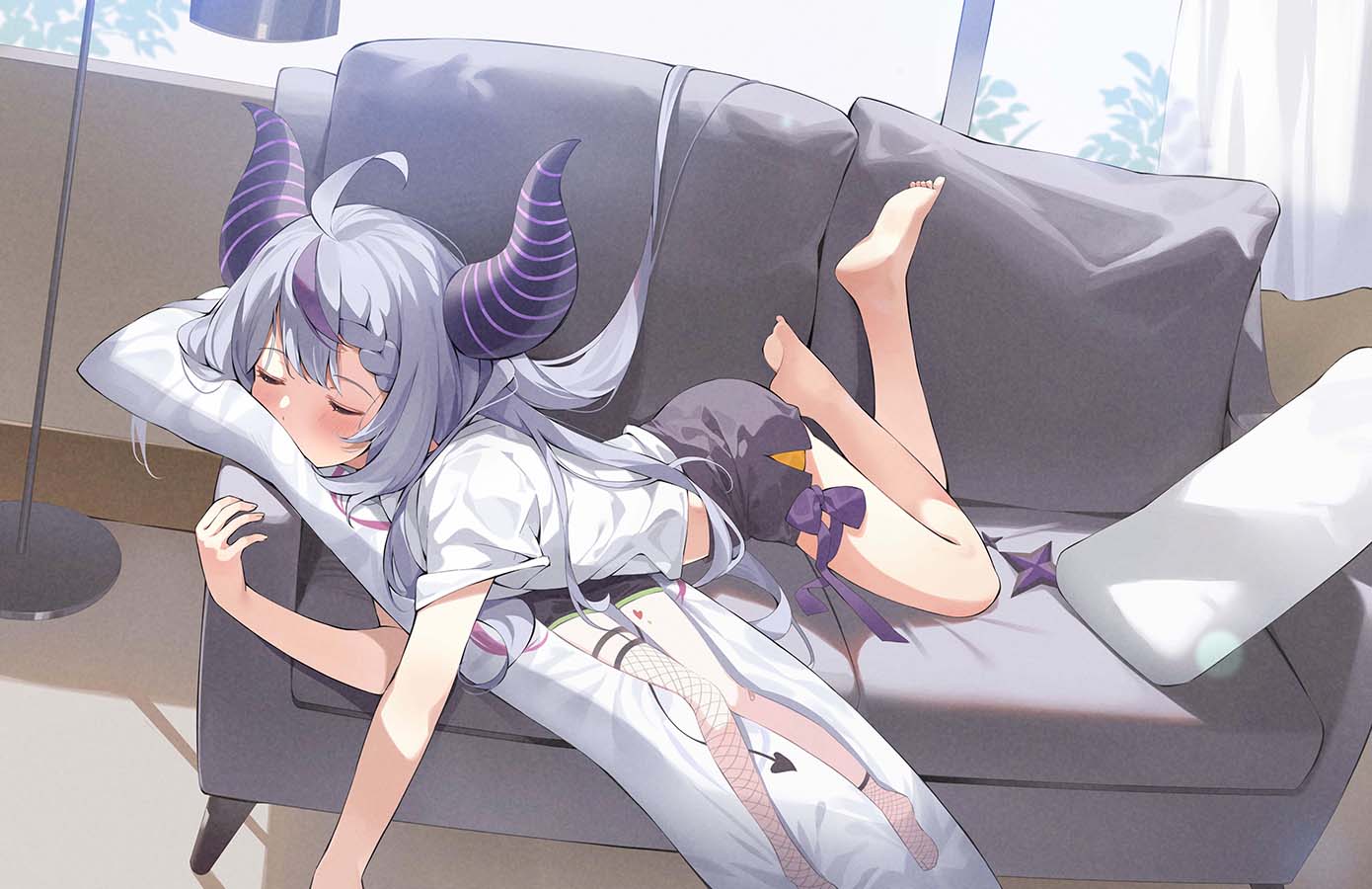 1girl ahoge barefoot black_horns black_shorts braid closed_eyes couch curtains dakimakura_(object) hana_mori hololive horns indoors la+_darknesss long_hair lying multicolored_hair on_couch on_stomach pillow shirt shorts soles solo streaked_hair striped_horns t-shirt tokoyami_towa violet_eyes virtual_youtuber white_shirt window