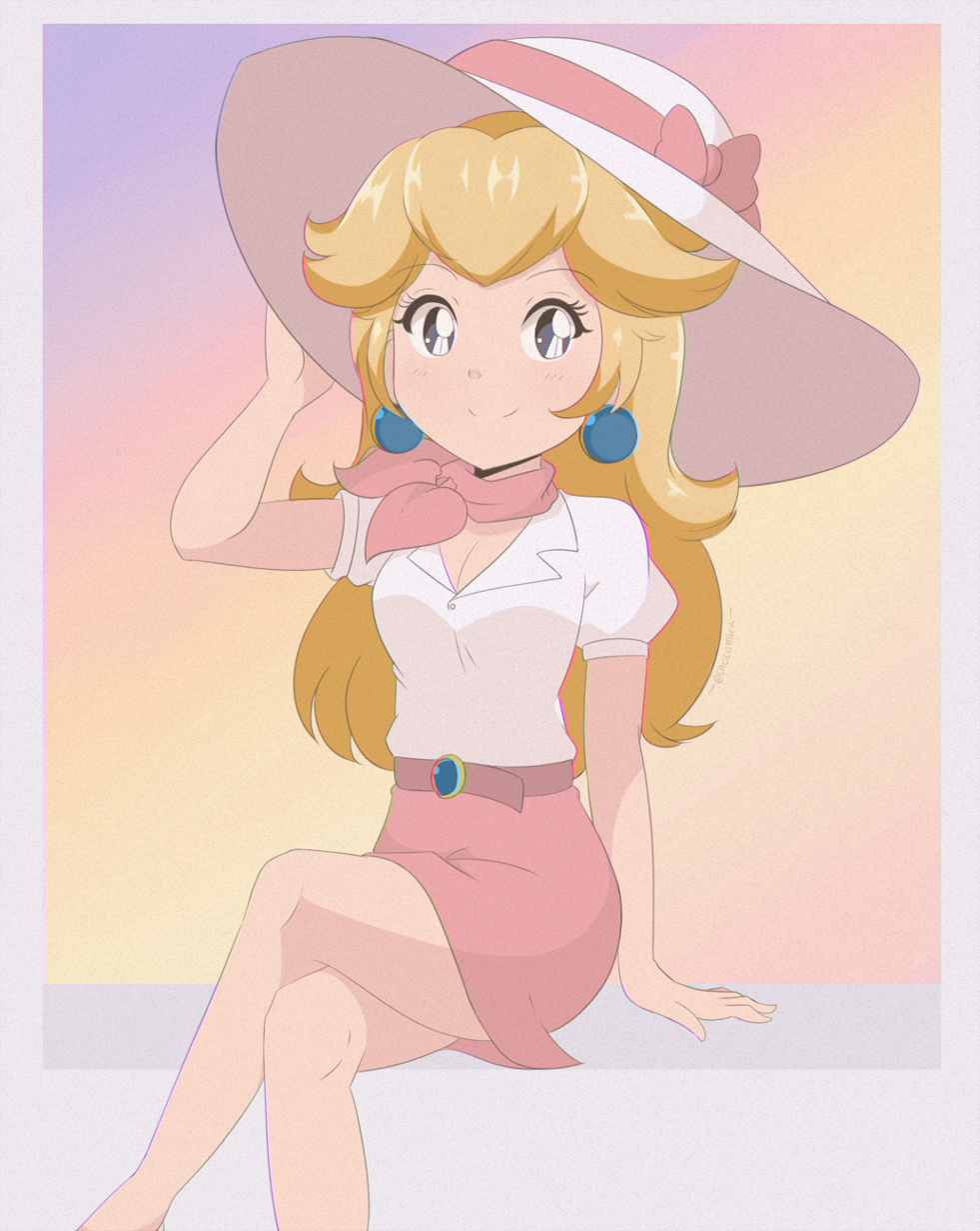 1980s_(style) 1girl alternate_costume artist_name bangs blonde_hair blue_eyes chocomiru earrings hat highres jewelry long_hair polaroid polka_dot polka_dot_background portrait princess princess_peach retro_artstyle solo super_mario_bros. super_mario_odyssey tareme