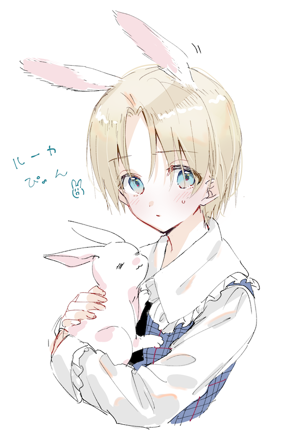 1boy :3 =_= animal animal_ears bangs blonde_hair blue_eyes blush character_request closed_eyes closed_mouth collared_shirt cropped_torso eyebrows_visible_through_hair frilled_shirt_collar frills gakuen_alice holding holding_animal kemonomimi_mode long_sleeves looking_at_viewer male_focus ouri_(aya_pine) parted_bangs rabbit rabbit_ears shirt simple_background solo sweat upper_body white_background white_shirt
