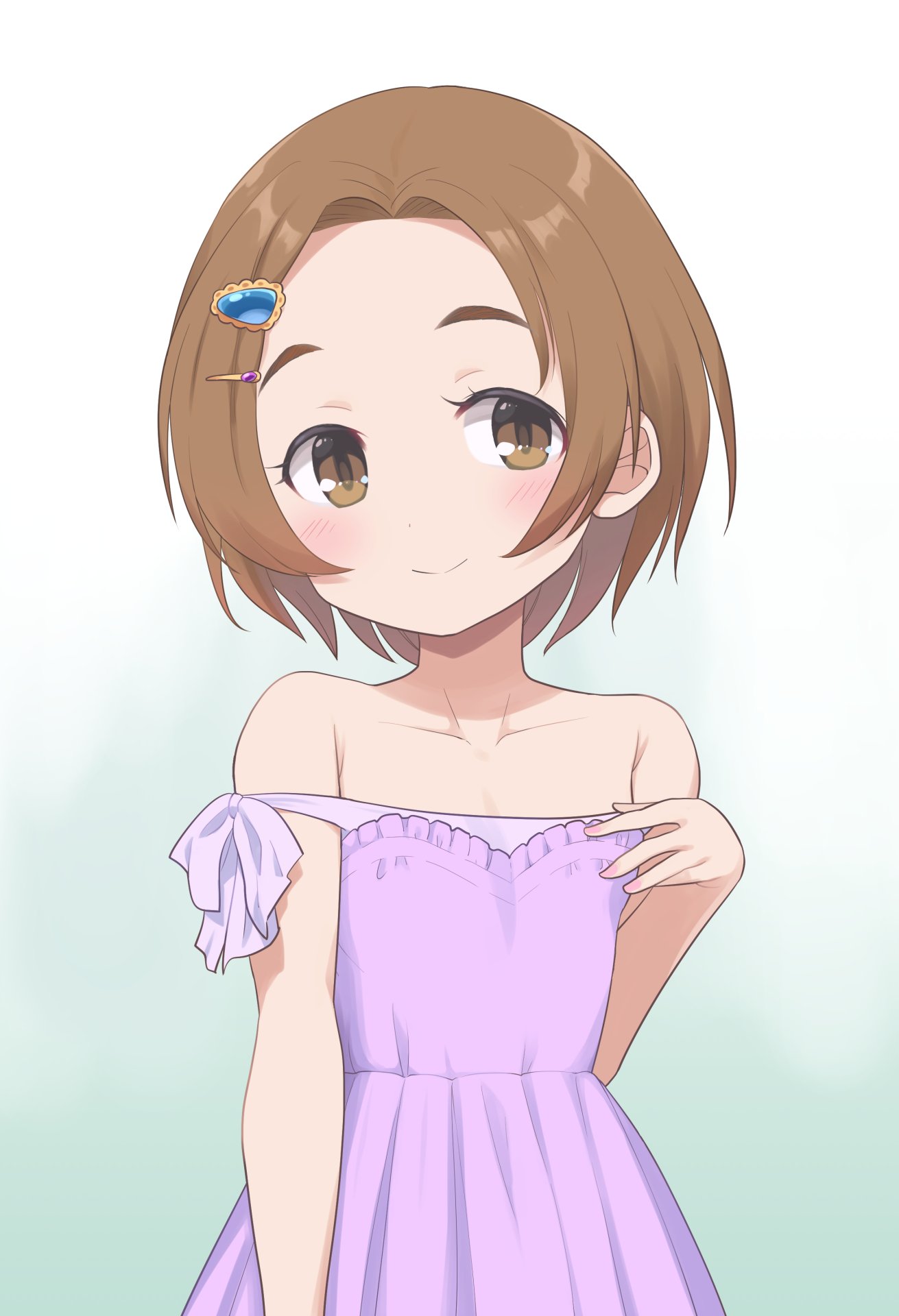bangs bare_shoulders blush brown_eyes brown_hair child collarbone commentary_request dress eyebrows flat_chest forehead gem gradient gradient_background hair_ornament hairclip hand_on_own_chest highres idolmaster idolmaster_cinderella_girls looking_at_viewer purple_dress ryuuzaki_kaoru short_hair simple_background smile solo strapless strapless_dress upper_body yama_tatsuo