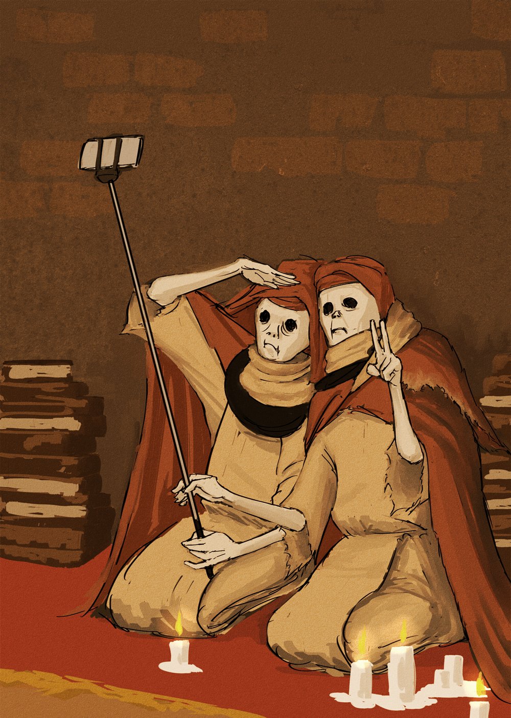 2girls book book_stack candle cape cellphone closed_mouth colored_skin elden_ring expressionless highres holding hood hood_up hooded_cape multiple_girls old old_woman parody phone rags red_cape salute seiza selfie selfie_stick sitting skb_visconti smartphone twin_maiden_husks v white_skin