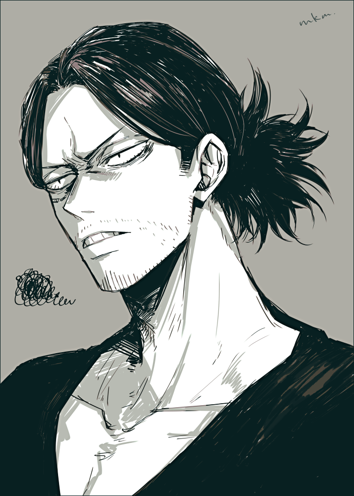 &gt;:( 1boy angry black_hair black_shirt boku_no_hero_academia collarbone commentary_request eraser_head_(boku_no_hero_academia) facial_hair grey_background greyscale mature_male mkm_(mkm_storage) monochrome ponytail shirt signature solo stubble teeth v-shaped_eyebrows