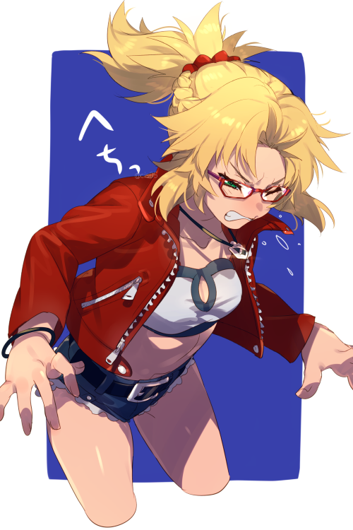 1girl bandeau bangs belt blonde_hair blue_shorts braid breasts clenched_teeth cutoffs denim denim_shorts echo_(circa) fate/apocrypha fate/grand_order fate_(series) french_braid glasses green_eyes jacket jewelry long_hair long_sleeves mordred_(fate) mordred_(fate/apocrypha) mordred_(memories_at_trifas)_(fate) navel necklace one_eye_closed open_clothes open_jacket parted_bangs ponytail red_jacket short_shorts shorts sidelocks small_breasts sneezing solo teeth thighs