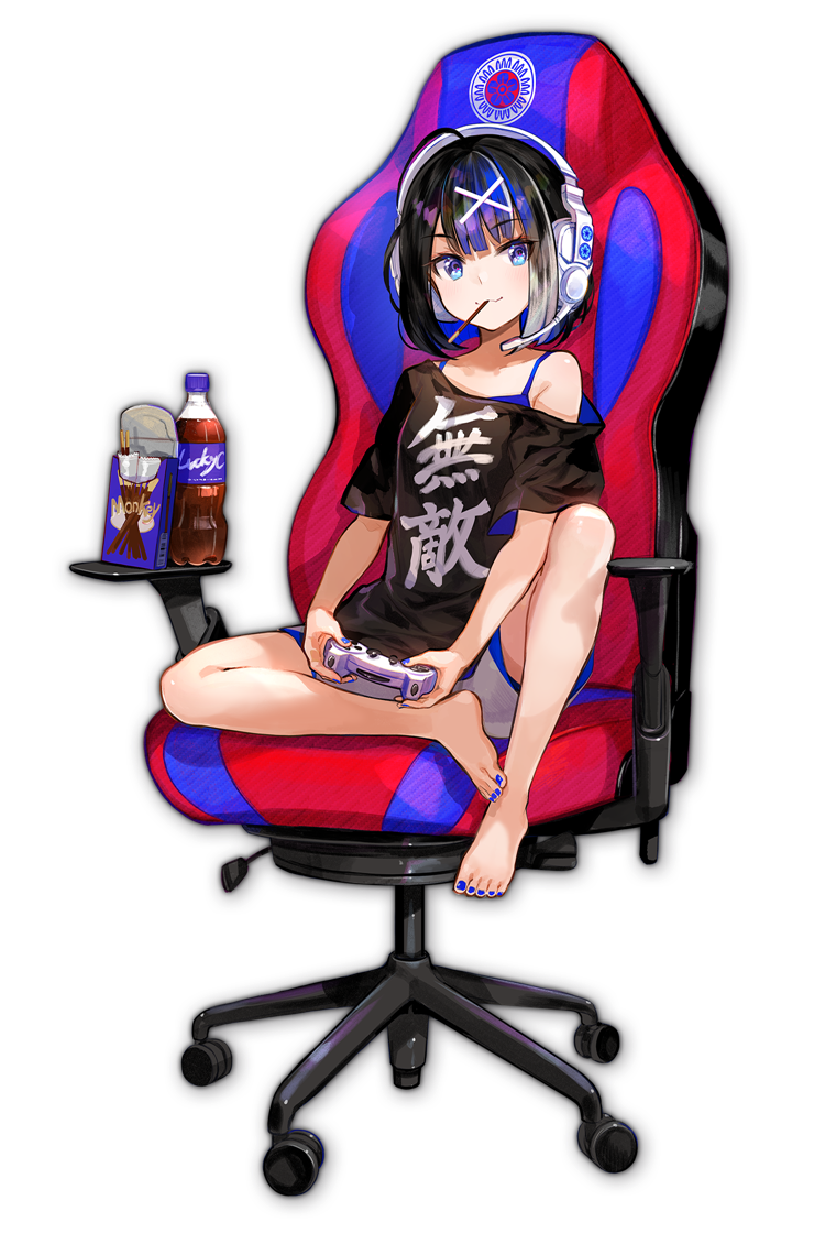 1girl :3 artist_request bangs barefoot black_hair black_shirt blue_eyes blue_hair blue_nails candy chair controller drink eyebrows_visible_through_hair feet food gaming_chair hair_ornament hairpin headphones himekawa_hibiki looking_at_viewer mahjong_soul multicolored_hair off_shoulder official_art plastic_bottle pocky pocky_in_mouth shirt simple_background sitting soda_bottle transparent_background yostar