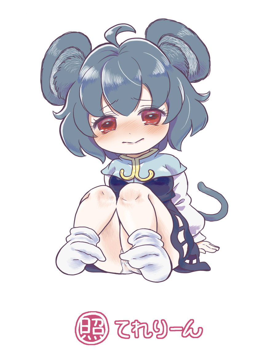 1girl ahoge animal_ear_fluff animal_ears arm_support bangs bare_legs blush capelet chibi closed_mouth commentary_request cookie_(touhou) dot_nose dress eyebrows_visible_through_hair full_body grey_dress grey_hair hair_between_eyes knees_together_feet_apart long_sleeves looking_at_viewer mouse_ears mouse_tail nazrin no_shoes nyon_(cookie) panties pantyshot red_eyes short_hair shy simple_background sitting socks solo tail touhou translation_request tsuzuchii underwear white_background white_legwear white_panties white_sleeves