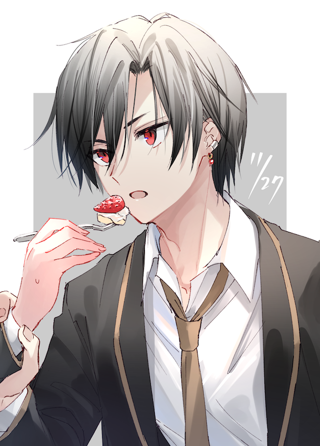 1boy 1other bangs black_hair black_jacket brown_necktie collared_shirt dated earrings eyebrows_visible_through_hair food fork fruit gakuen_alice grey_background hair_between_eyes holding holding_another's_wrist holding_fork hyuuga_natsume jacket jewelry long_sleeves male_focus necktie open_clothes open_jacket open_mouth ouri_(aya_pine) out_of_frame parted_bangs red_eyes shirt solo_focus strawberry sweat two-tone_background white_background white_shirt