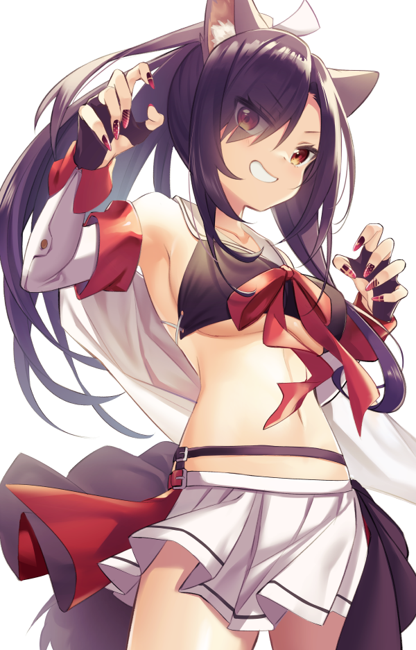 1girl :d animal_ear_fluff animal_ears armpits azur_lane bare_shoulders black_gloves black_hair breasts claw_pose collarbone cowboy_shot crop_top detached_sleeves eyebrows_visible_through_hair eyes_visible_through_hair fake_nails fingernails gloves grin hair_over_one_eye high_ponytail large_breasts long_fingernails long_hair long_sleeves looking_at_viewer miniskirt navel omochimochi parted_lips partially_fingerless_gloves red_eyes red_ribbon ribbon shigure_(azur_lane) simple_background skirt smile solo stomach under_boob v-shaped_eyebrows very_long_hair white_background white_skirt