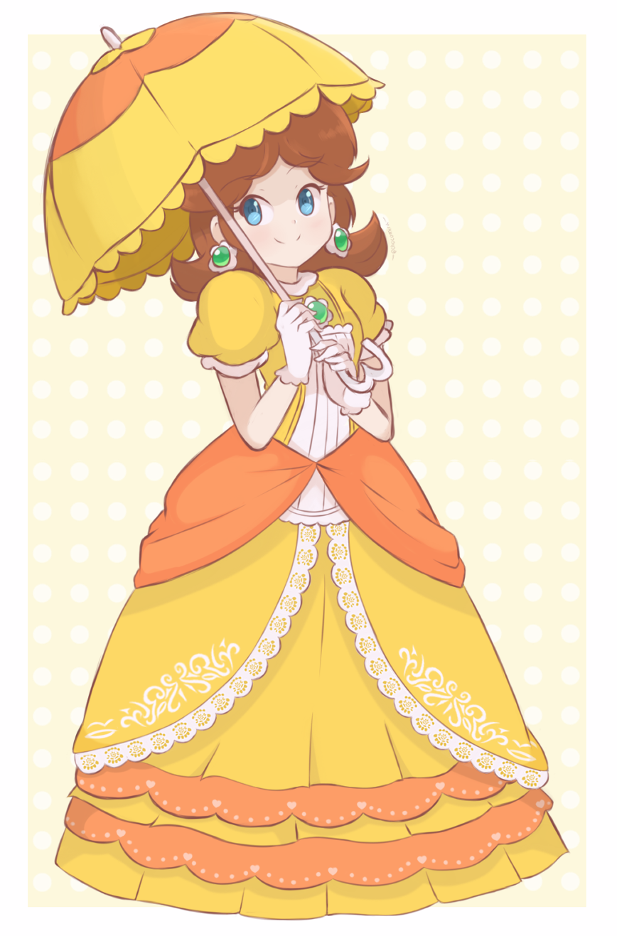 1girl blue_eyes brooch brown_hair chocomiru closed_mouth crown dress earrings eyebrows highres jewelry long_dress parasol polka_dot polka_dot_background princess princess_daisy short_hair smile solo super_mario_bros. tiara umbrella yellow_dress