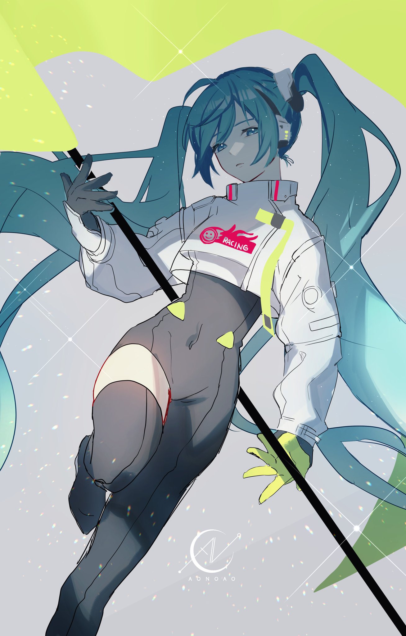 1girl ahoge aono_99 aqua_eyes aqua_hair asymmetrical_bodysuit black_bodysuit black_gloves bodysuit boots covered_navel crop_top crop_top_overhang cropped_jacket dutch_angle flagpole gloves green_gloves grey_background hatsune_miku highres holding holding_pole long_hair looking_at_viewer multicolored_clothes multicolored_gloves pole racing_miku_(2022) single_thigh_boot smiley_face solo standing standing_on_one_leg thigh-highs thigh_boots twintails vocaloid yellow_gloves
