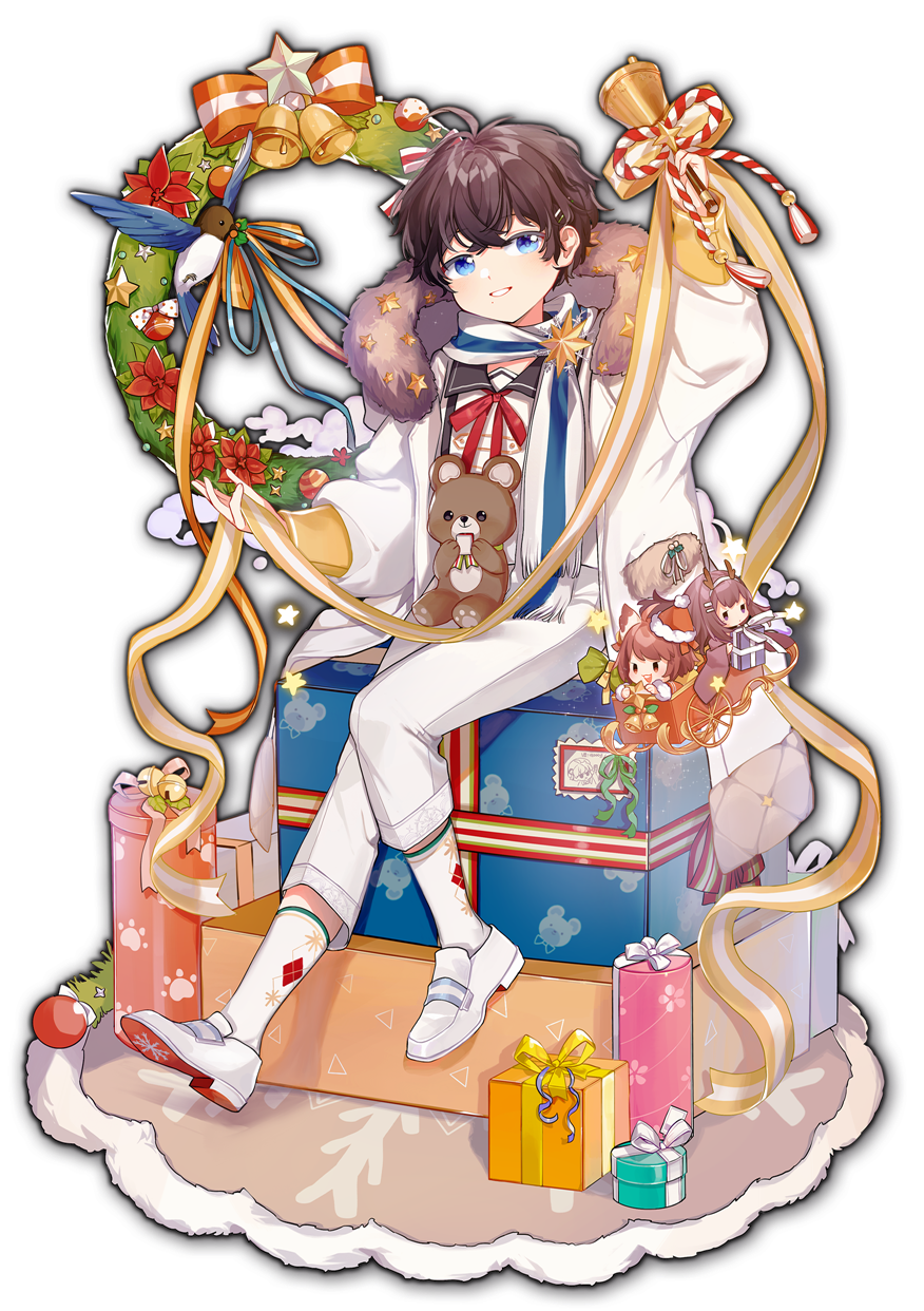 1boy artist_request bell bird bird_request blue_eyes bow brown_hair christmas doll flower flower_request fur_collar gift highres holding holding_bell ichihime ichinose_sora mahjong_soul male_focus nikaidou_miki official_art postage_stamp ribbon rug scarf simple_background sitting sleigh smile socks solo star_(symbol) stuffed_animal stuffed_toy teddy_bear transparent_background white_footwear white_legwear white_ribbon wreath yellow_ribbon yostar