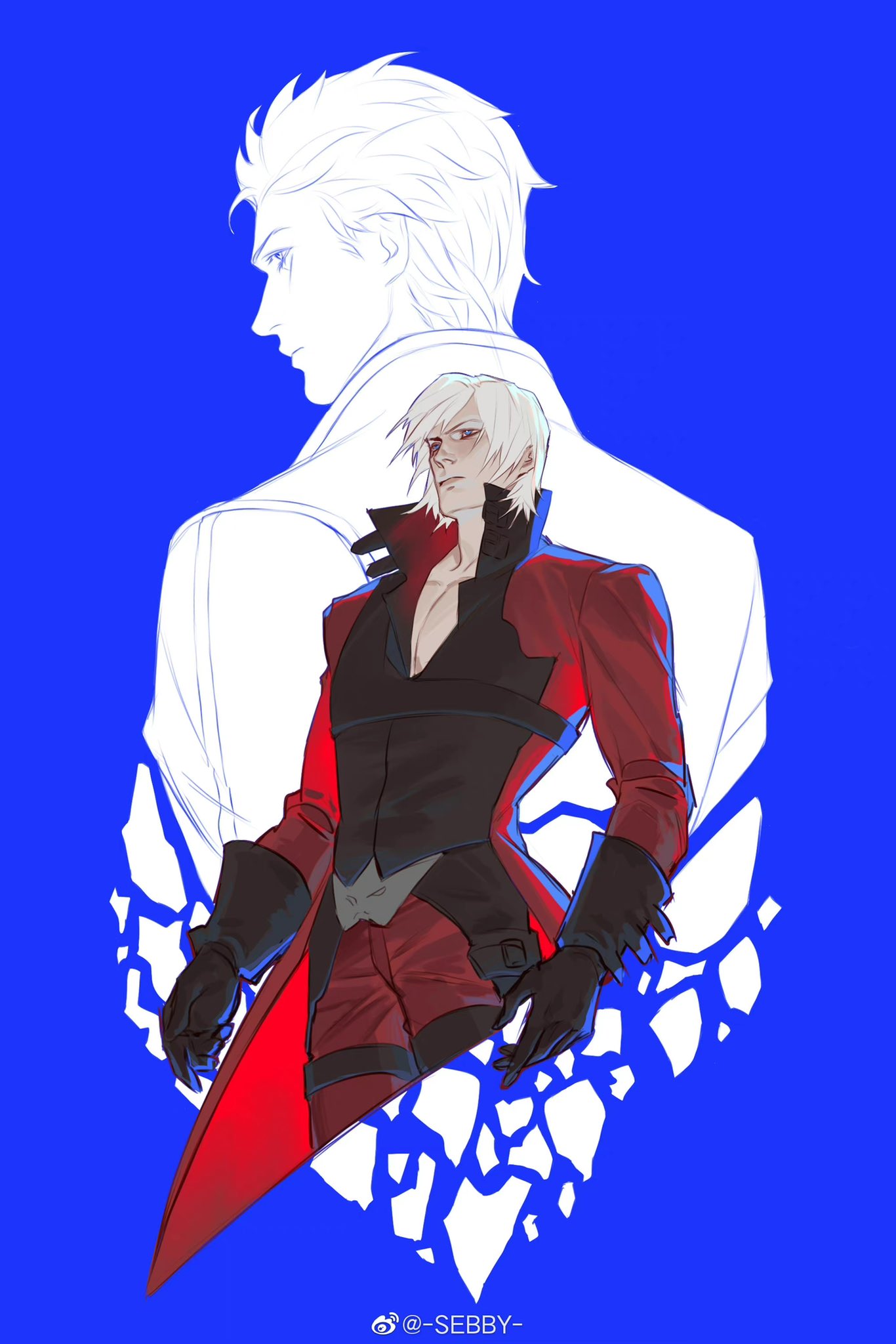 2boys bangs black_gloves blue_eyes coat collarbone dante_(devil_may_cry) devil_may_cry_(series) devil_may_cry_2 facing_away from_behind gloves hair_slicked_back highres looking_back male_focus multiple_boys muscular muscular_male popped_collar red_coat sebby1725 standing vergil_(devil_may_cry) white_hair